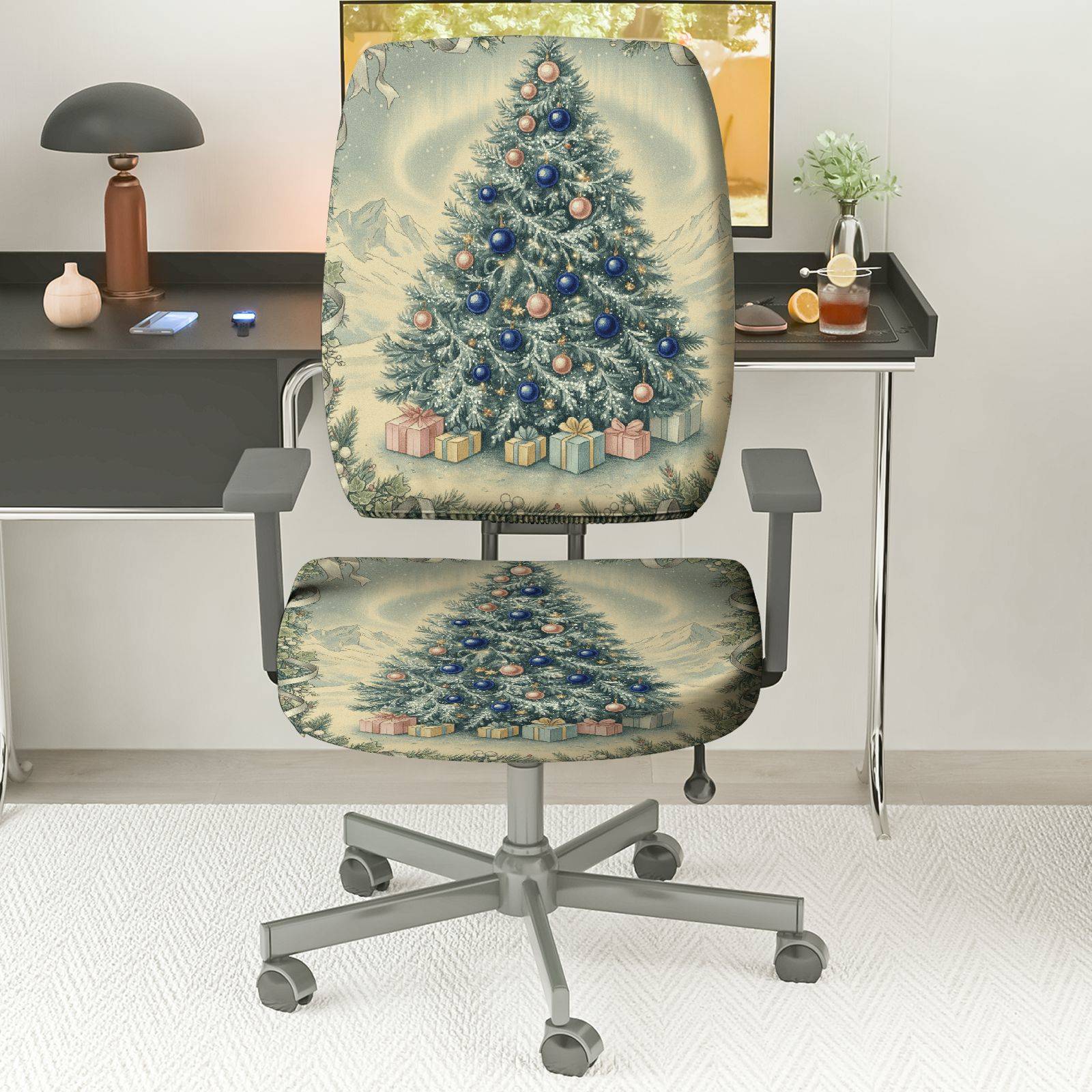 2-Piece Christmas Tree Holiday Gift Decoration Snow  Computer Chair Cover Set, Seat and Backrest