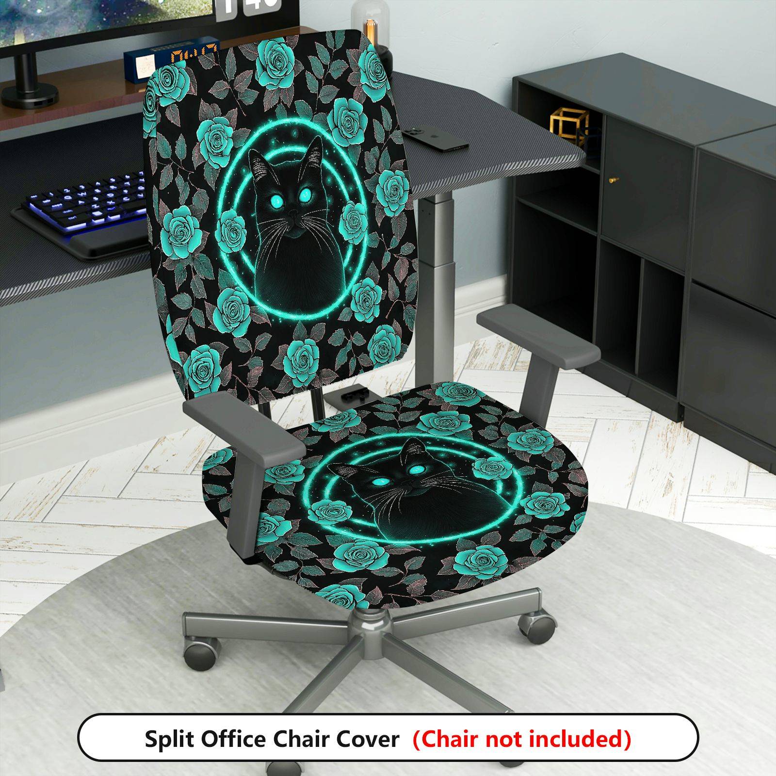 2-Piece Cat Floral Glow Halloween Mystical Enchanted  Computer Chair Cover Set, Seat and Backrest