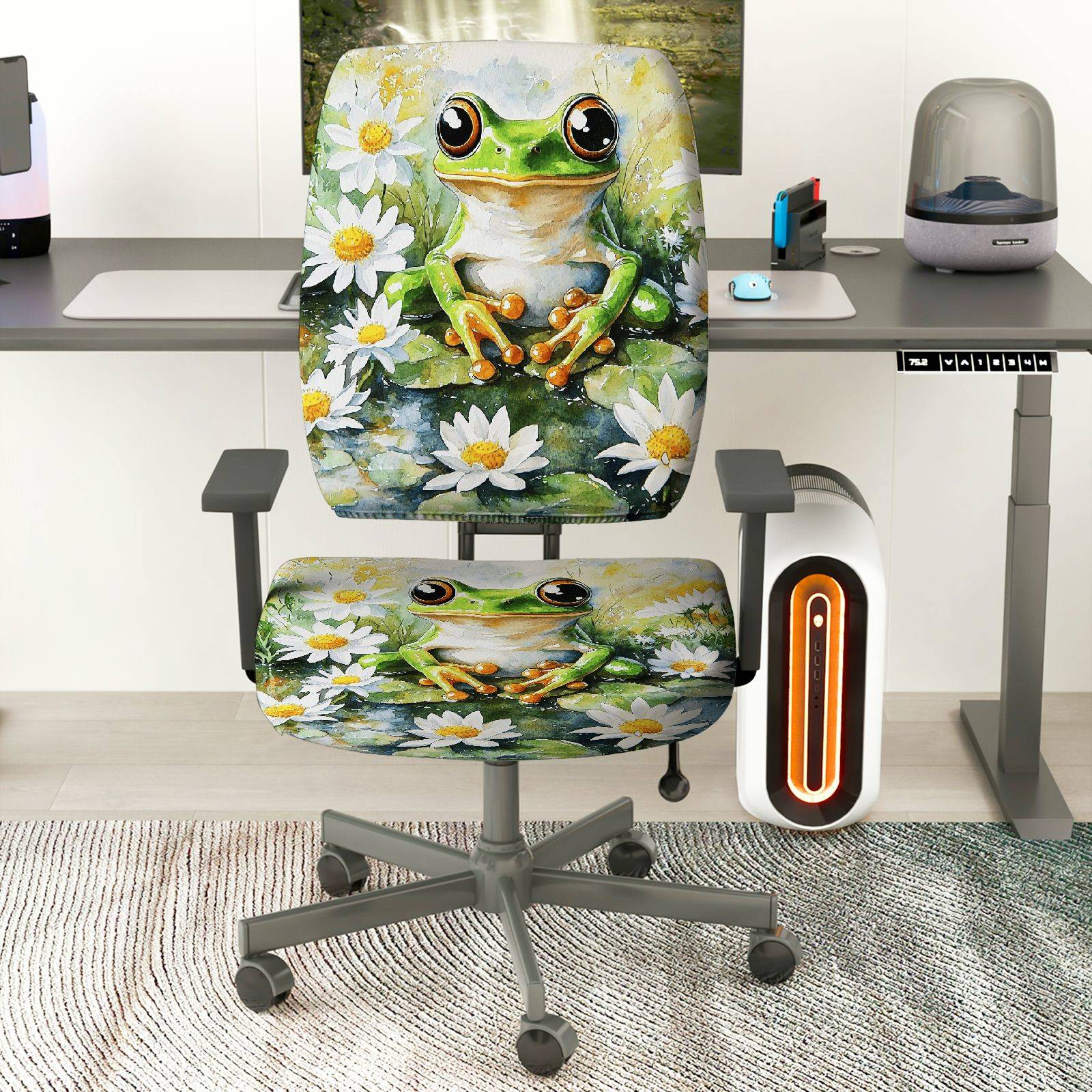 2-Piece Cute Frog Flower Nature Art Green  Computer Chair Cover Set, Seat and Backrest