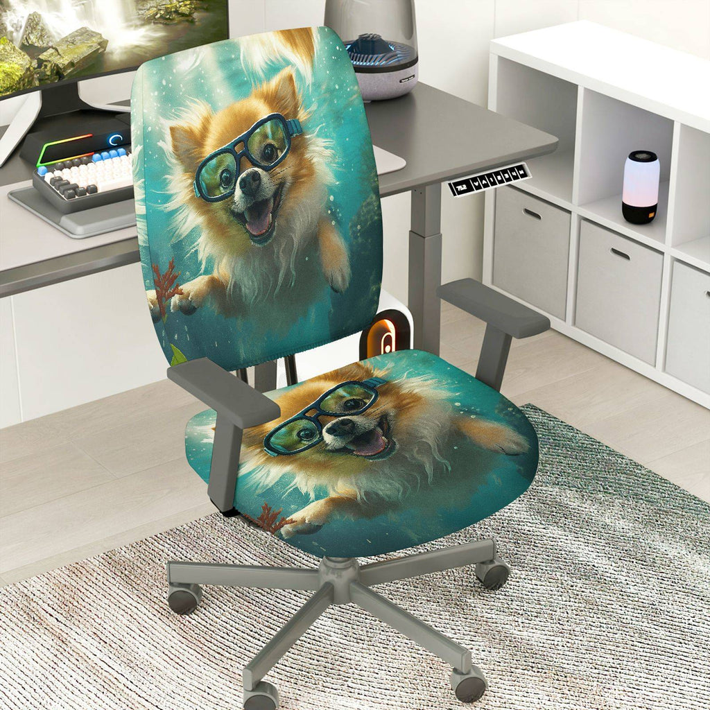 2-Piece Dog Underwater Fun Art Cute  Computer Chair Cover Set, Seat and Backrest