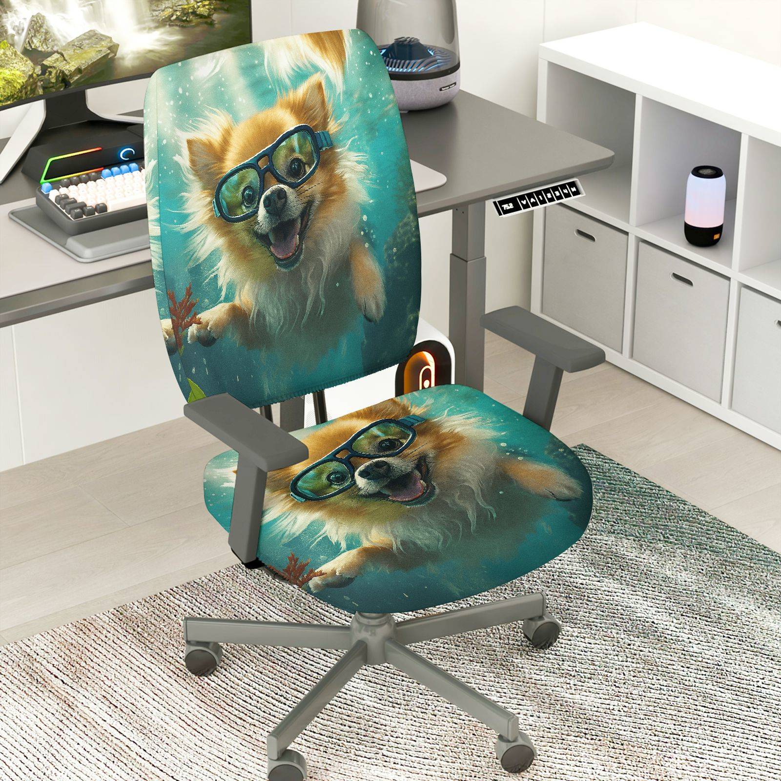 2-Piece Dog Underwater Fun Art Cute  Computer Chair Cover Set, Seat and Backrest