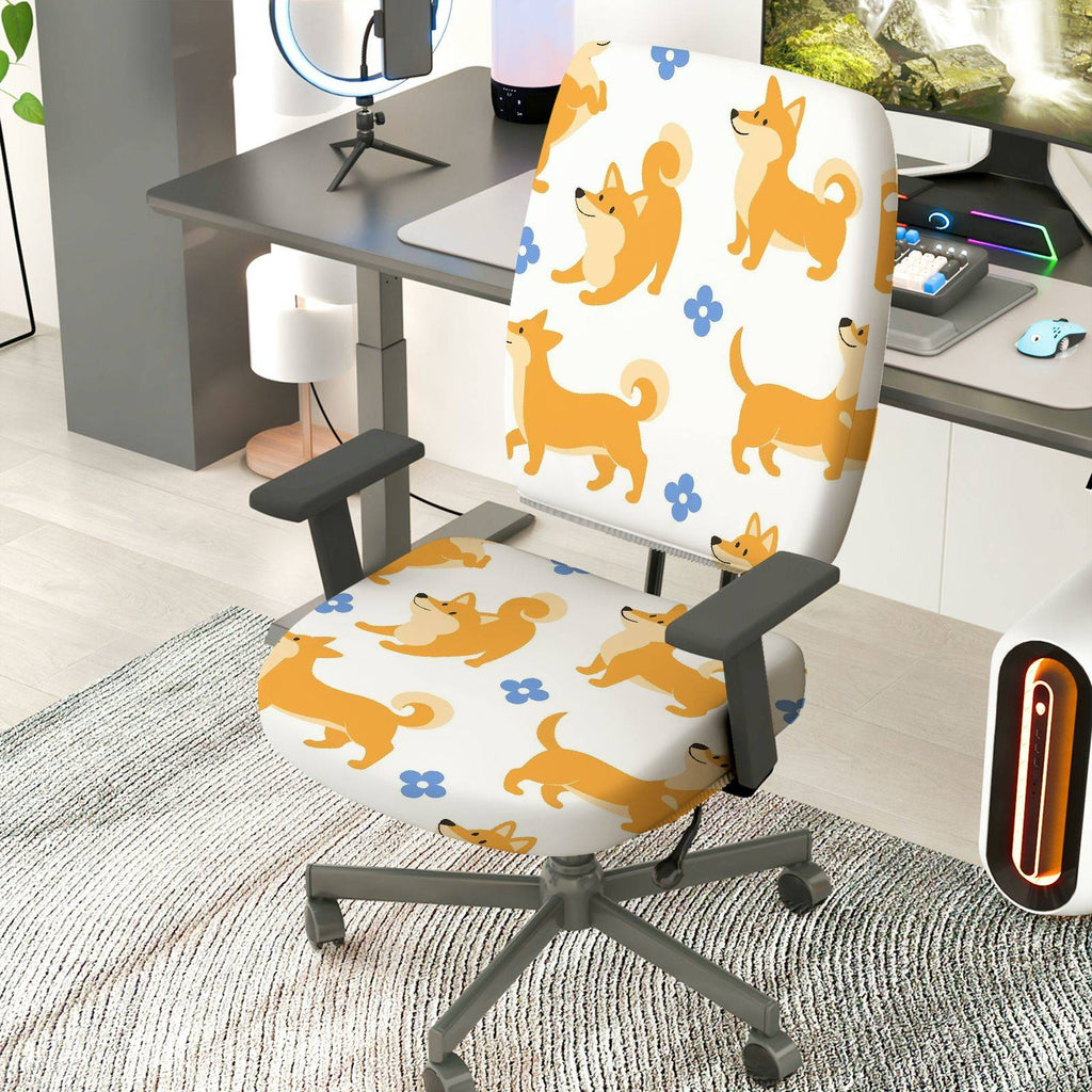 2-Piece Cute Dog Flower Pattern Printed  Computer Chair Cover Set, Seat and Backrest