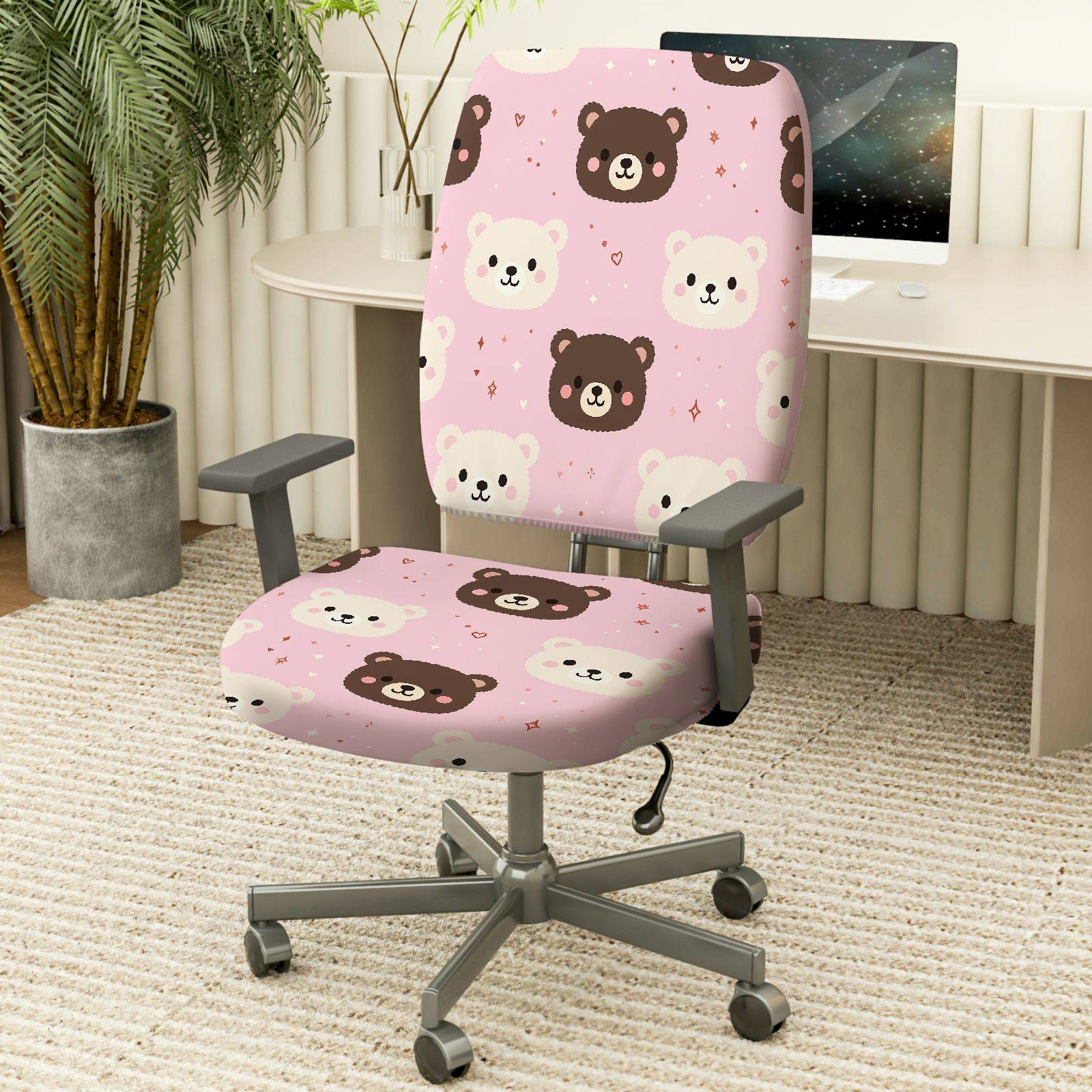 2-Piece Cute Bear Pink Fun Sweet Home  Computer Chair Cover Set, Seat and Backrest