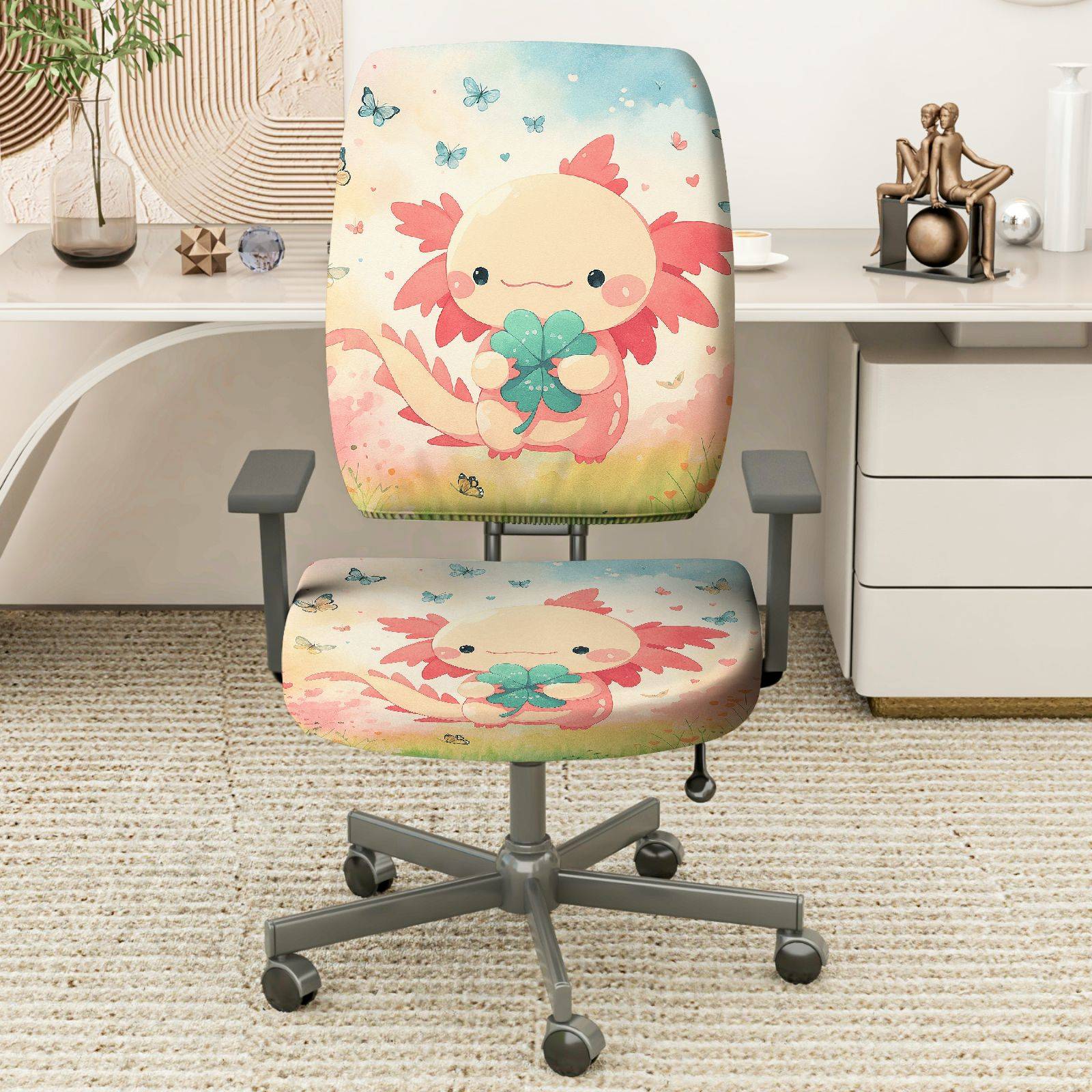 2-Piece Cute Axolotl Clover Flowers Butterflies  Computer Chair Cover Set, Seat and Backrest