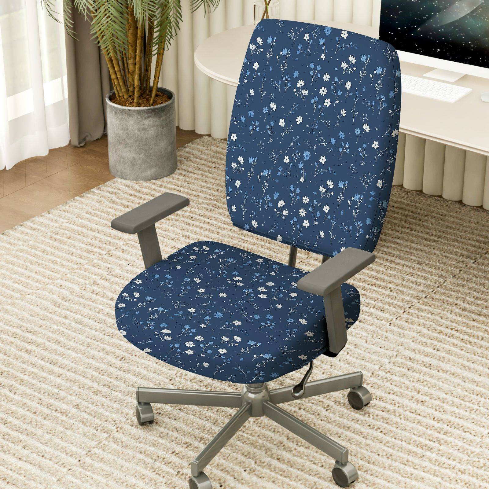 2-Piece Floral Pattern Blue White Flower Nature Decor  Computer Chair Cover Set, Seat and Backrest