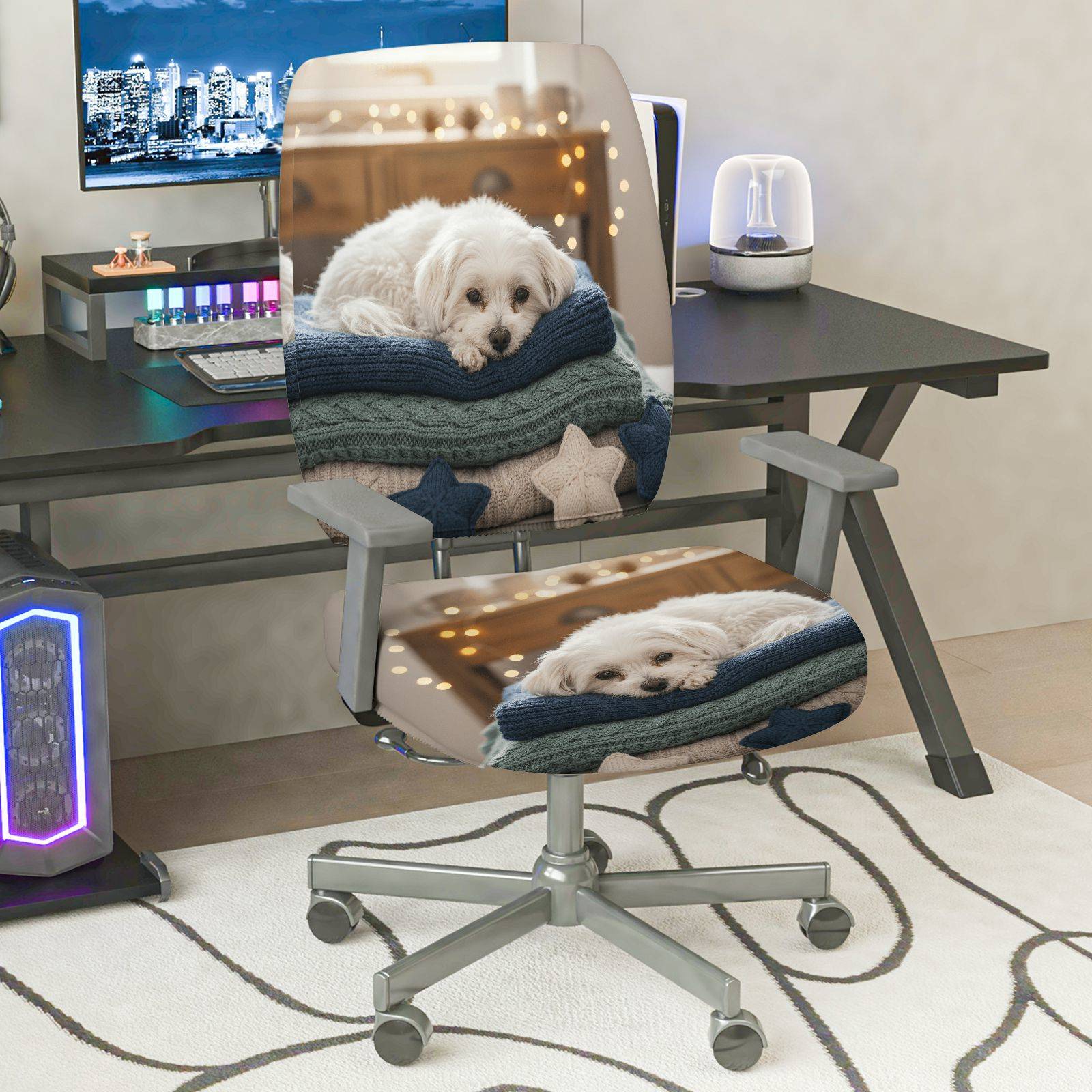 2-Piece Cute Dog Cozy Blanket Star Festive  Computer Chair Cover Set, Seat and Backrest