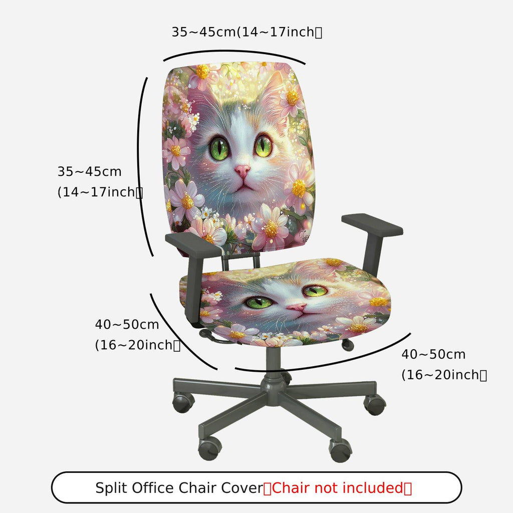 2-Piece Cute Cat Floral Spring Green Eyes Fantasy  Computer Chair Cover Set, Seat and Backrest