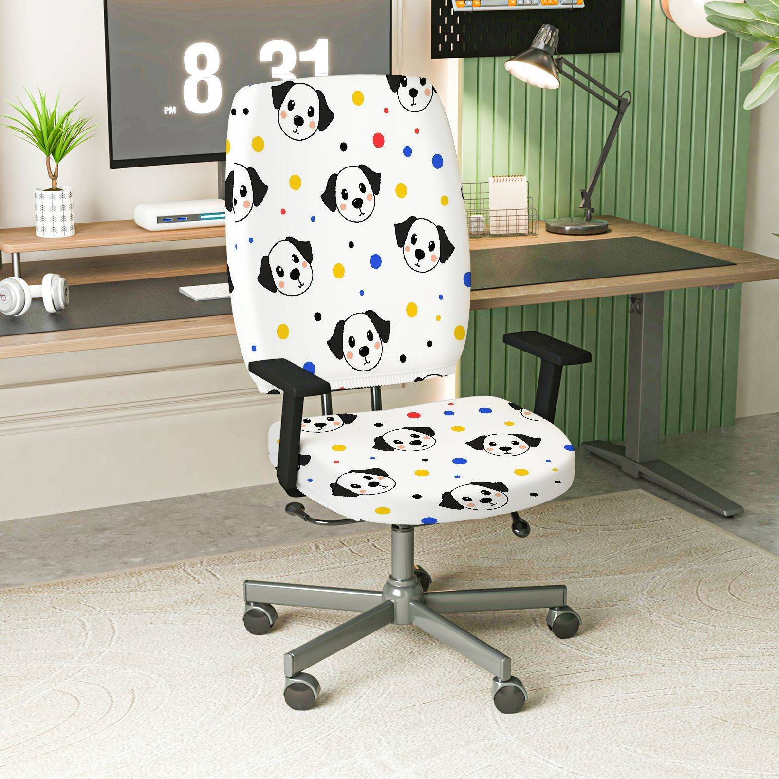 2-Piece Dog Pattern Colorful Dots Cute Fun  Computer Chair Cover Set, Seat and Backrest