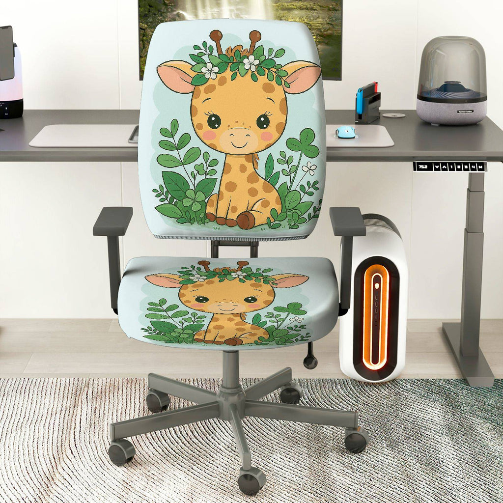 2-Piece Cute Giraffe Animal Jungle Pattern Greenery  Computer Chair Cover Set, Seat and Backrest