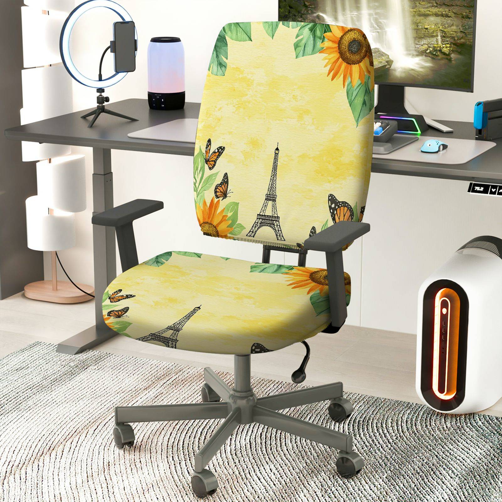 2-Piece Floral Eiffel Tower Butterfly Sunflower Vintage  Computer Chair Cover Set, Seat and Backrest