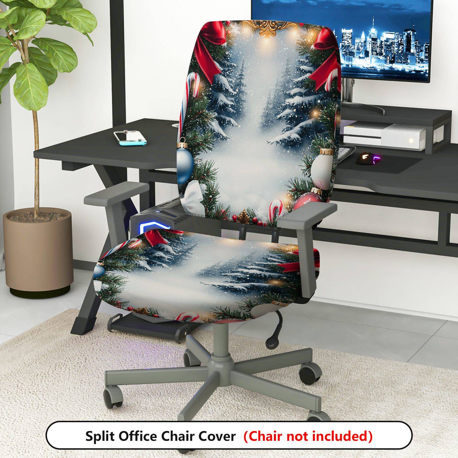 2-Piece Christmas Winter Snow Forest Tree Red Ribbon  Computer Chair Cover Set, Seat and Backrest