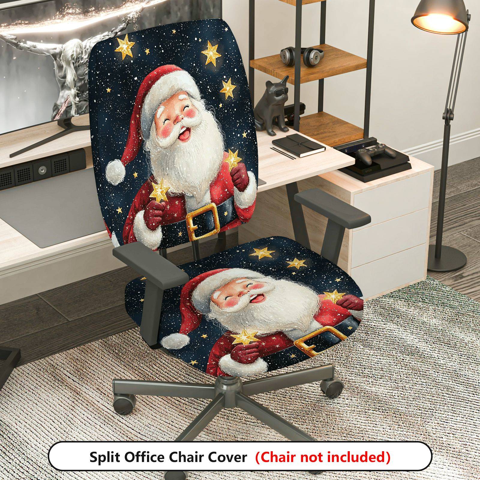 2-Piece Santa Claus Christmas Stars Pattern  Computer Chair Cover Set, Seat and Backrest