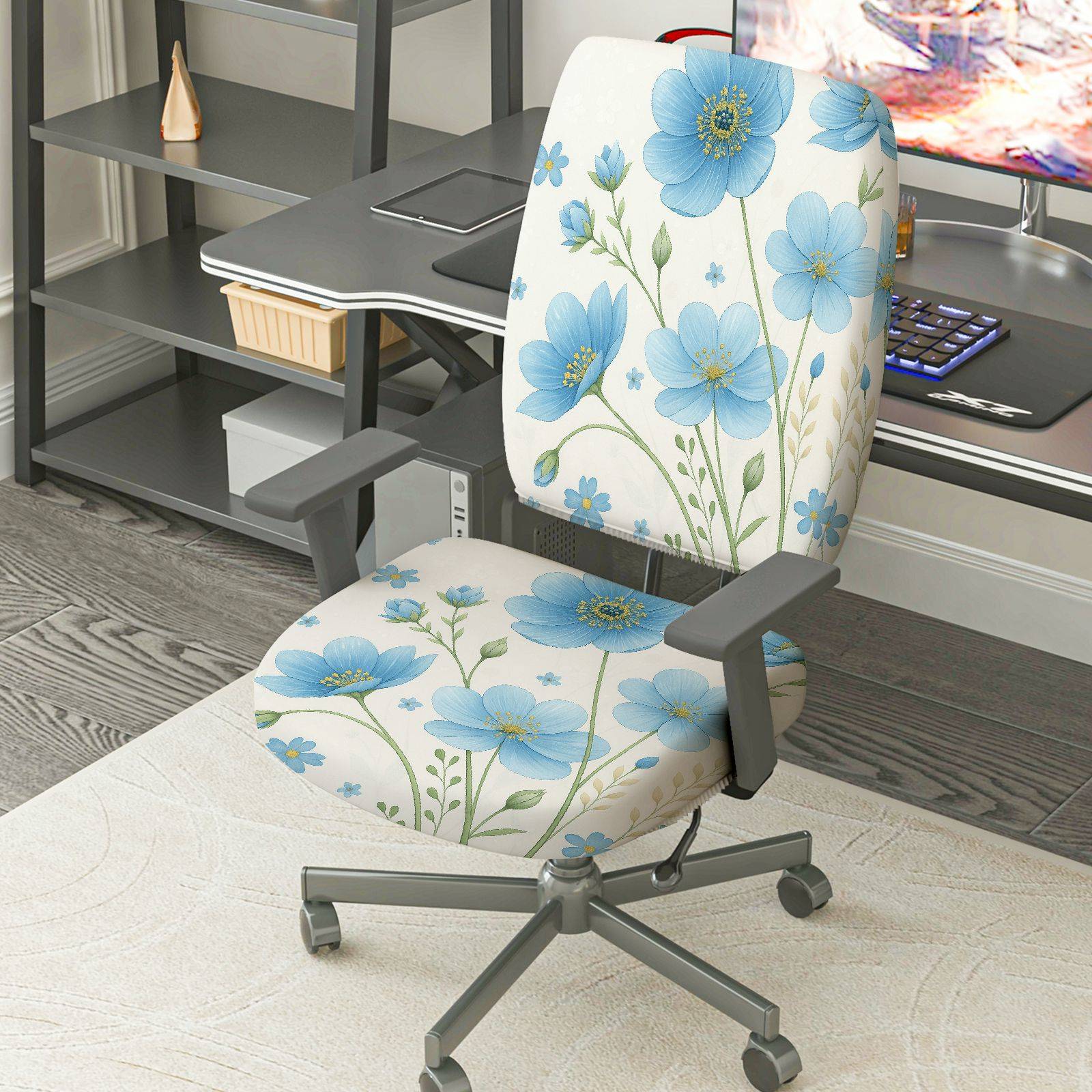 2-Piece Floral Pattern Blue Flowers  Computer Chair Cover Set, Seat and Backrest