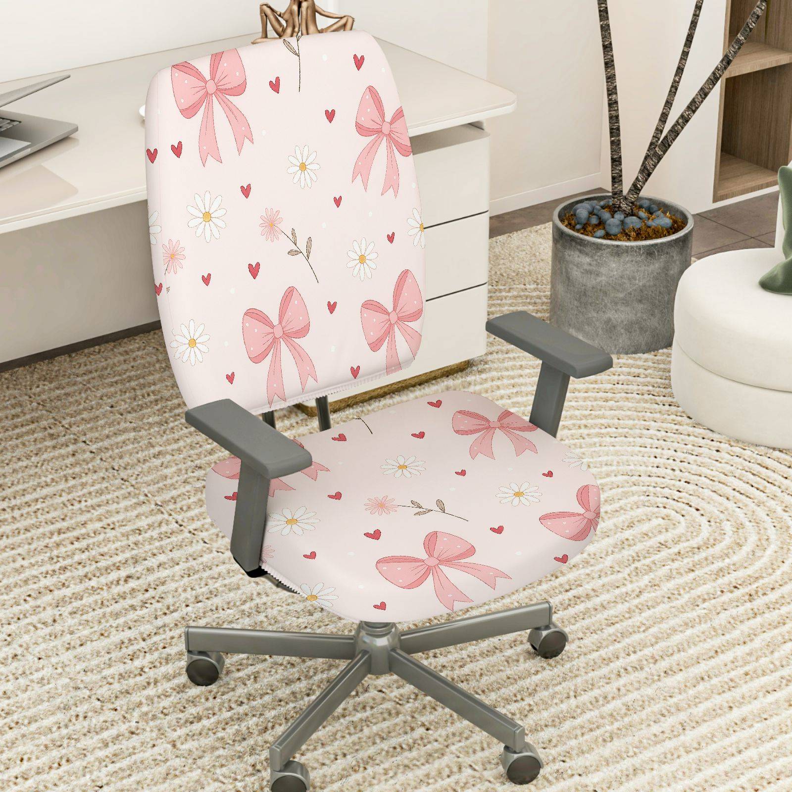 2-Piece Pink Bow Floral Heart Romantic Cute  Computer Chair Cover Set, Seat and Backrest