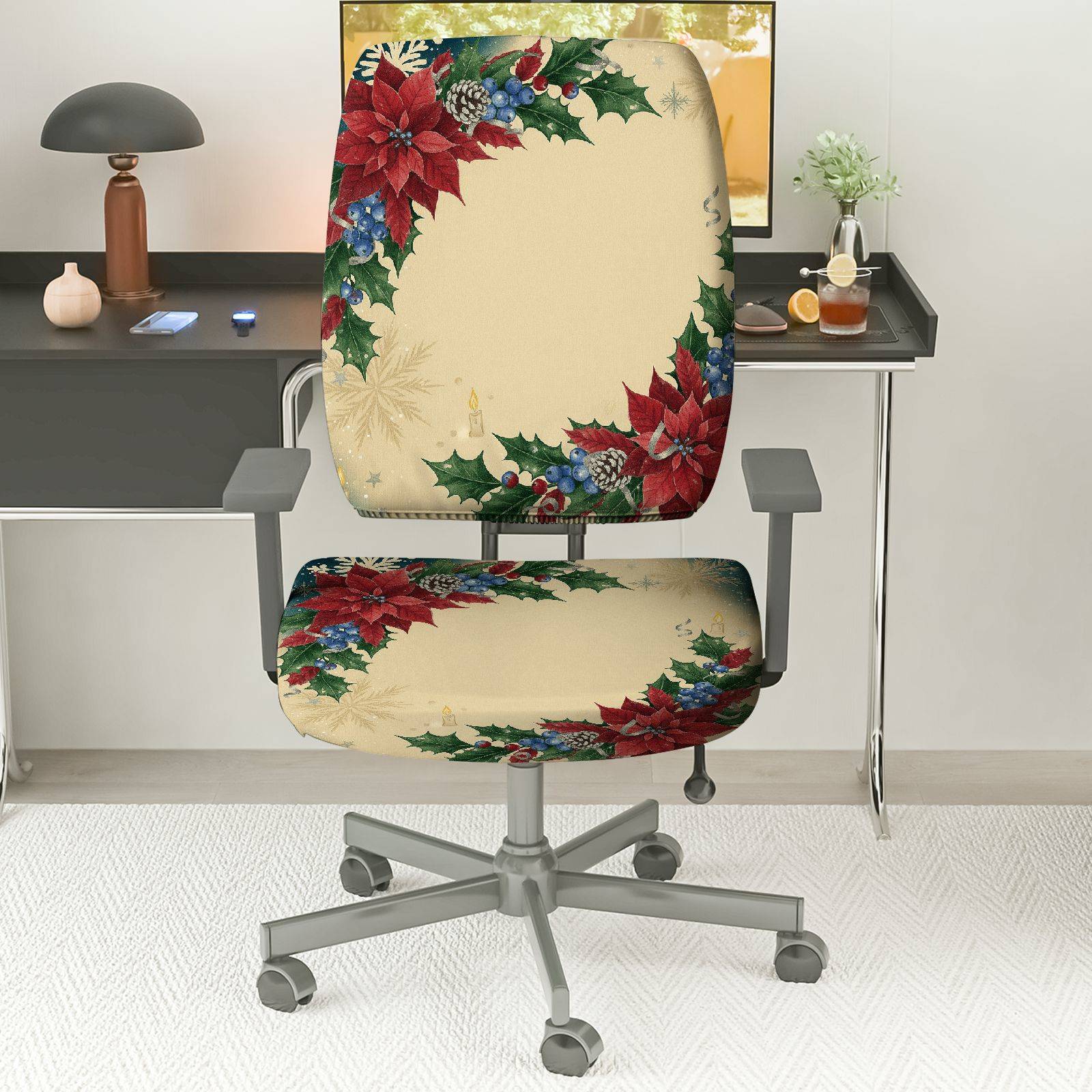 2-Piece Christmas Holiday Floral Red Poinsettia Pattern  Computer Chair Cover Set, Seat and Backrest
