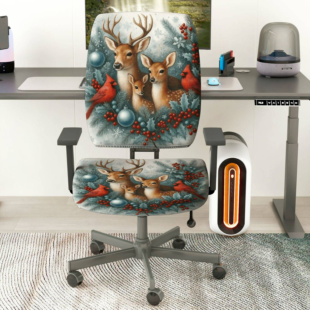 2-Piece Christmas Deer Cardinal Berry Snow Decor  Computer Chair Cover Set, Seat and Backrest