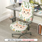 2-Piece Cute Cat Floral Leaf Decorative Universal  Computer Chair Cover Set, Seat and Backrest