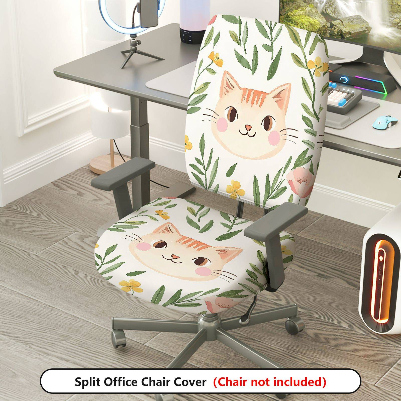 2-Piece Cute Cat Floral Leaf Decorative Universal  Computer Chair Cover Set, Seat and Backrest