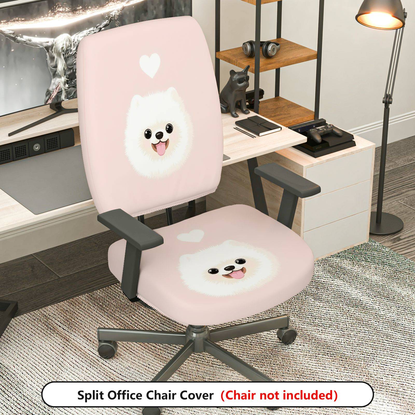 2-Piece Cute Dog Heart Pink Print  Computer Chair Cover Set, Seat and Backrest