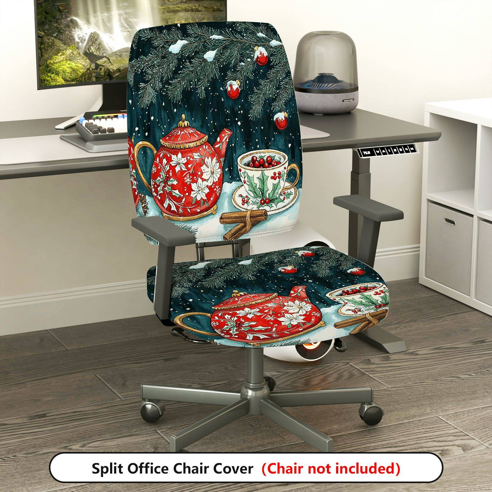 2-Piece Christmas Teapot Holly Berries Snowy Holiday  Computer Chair Cover Set, Seat and Backrest