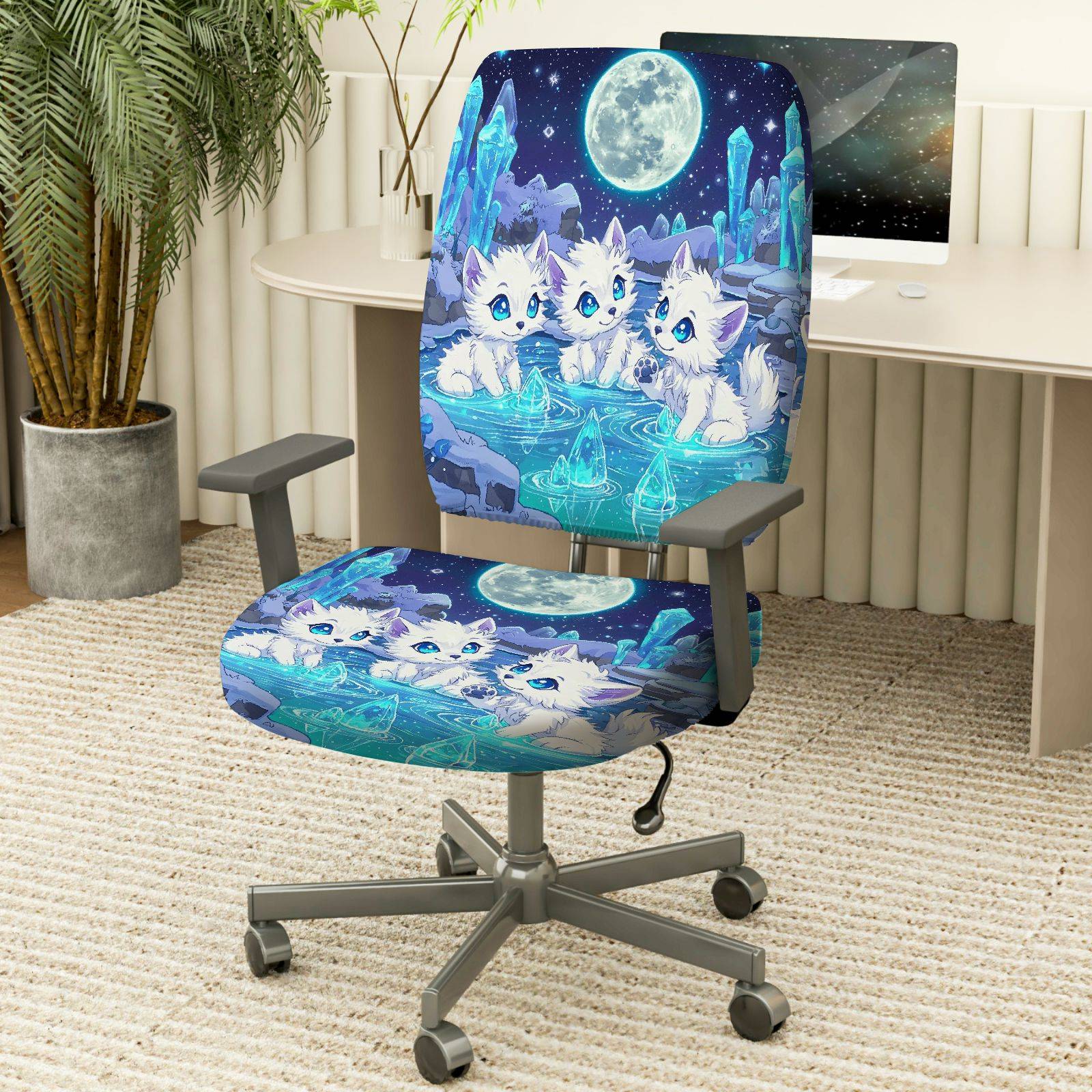 2-Piece Moonlight Fantasy Animal Crystal Night Cats  Computer Chair Cover Set, Seat and Backrest