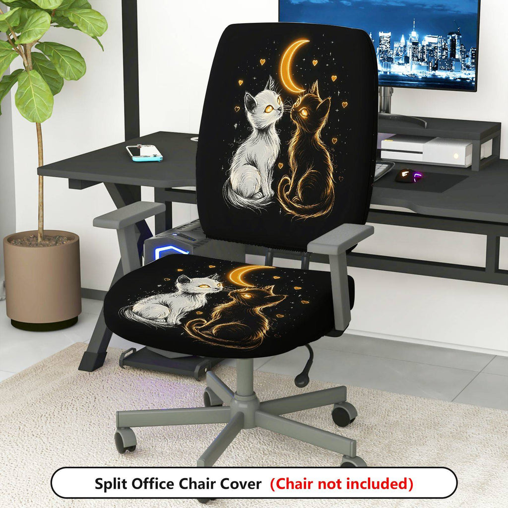 2-Piece Moonlight Cat Lovers Stars Hearts Cosmic  Computer Chair Cover Set, Seat and Backrest