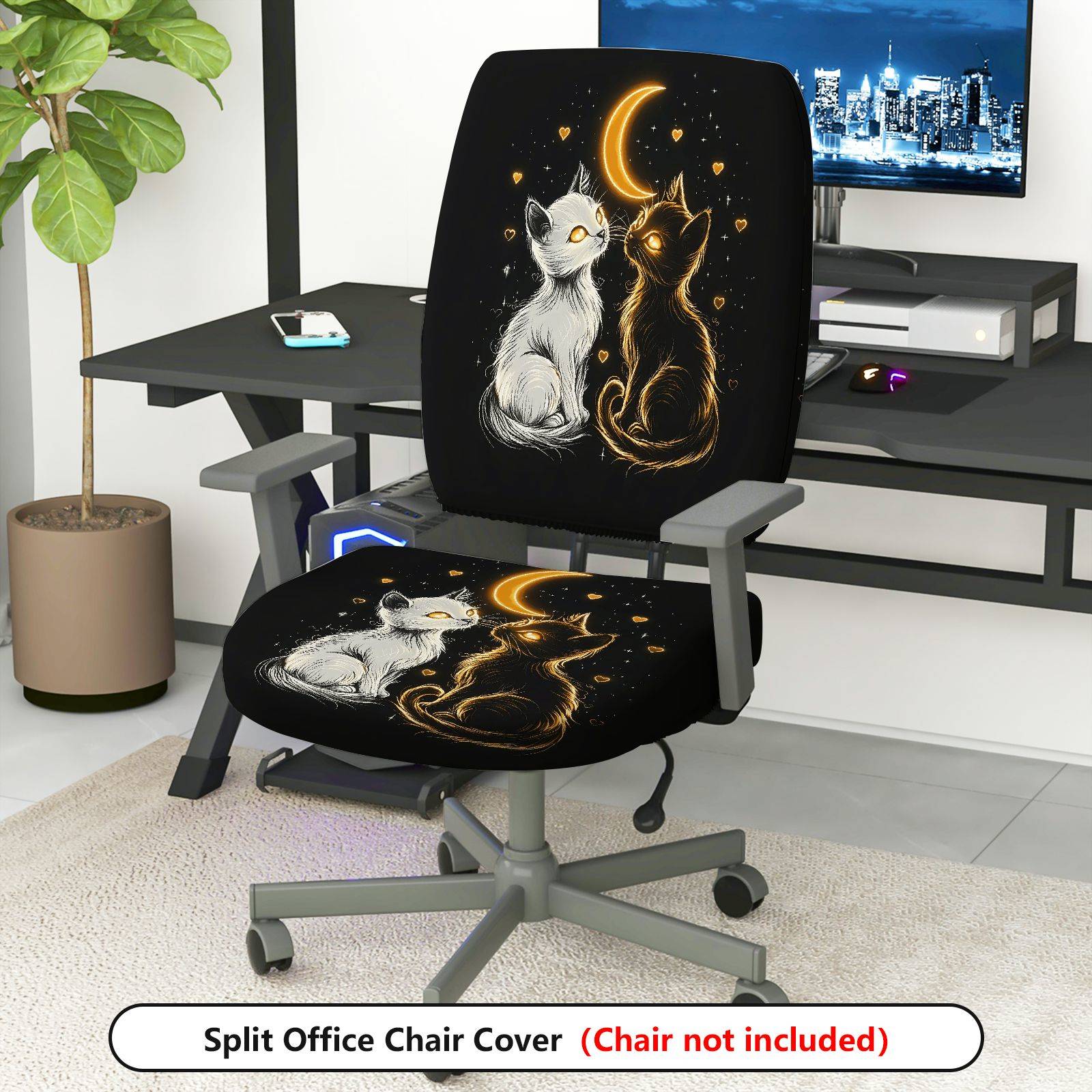 2-Piece Moonlight Cat Lovers Stars Hearts Cosmic  Computer Chair Cover Set, Seat and Backrest