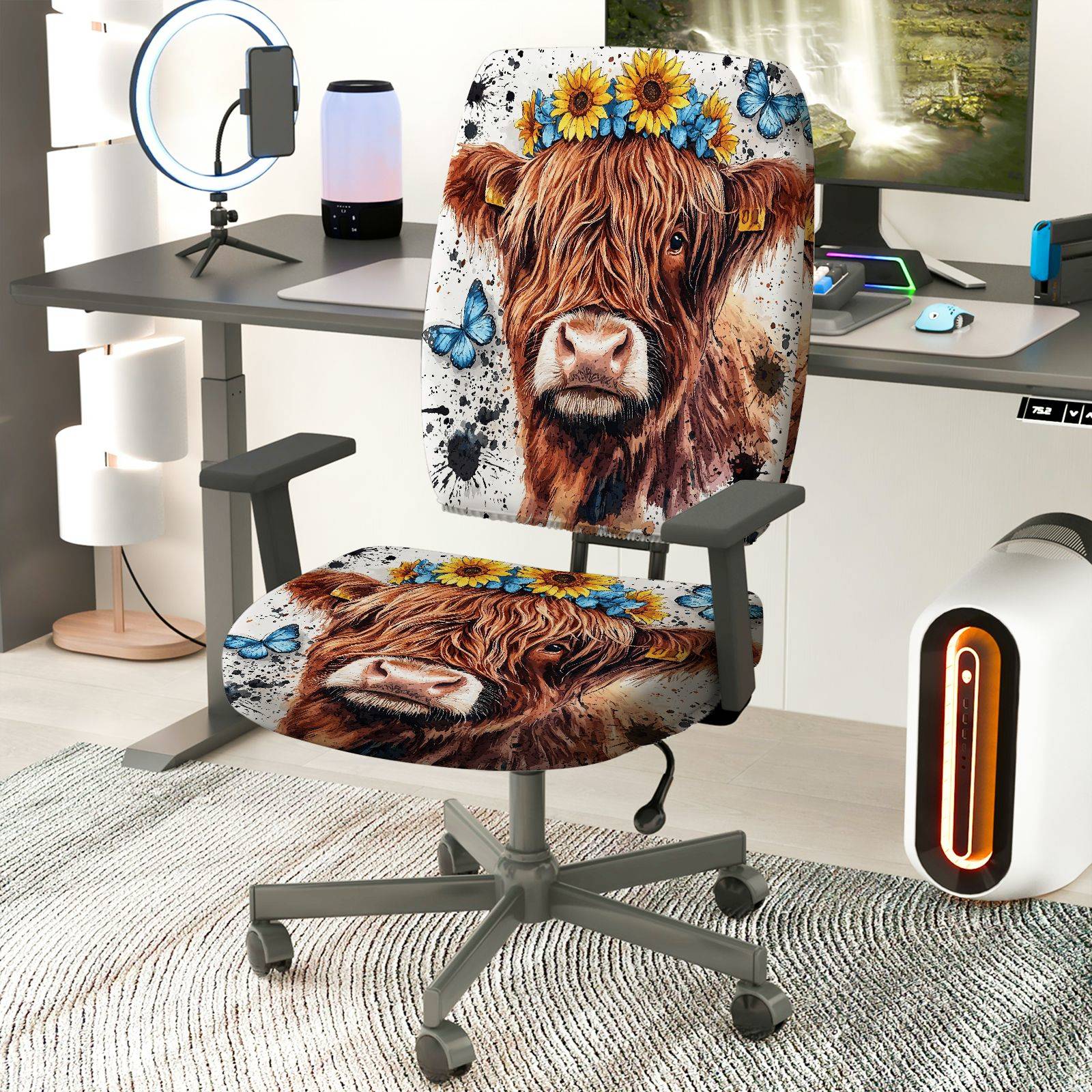 2-Piece Sunflower Butterfly Cow Animal Art  Computer Chair Cover Set, Seat and Backrest