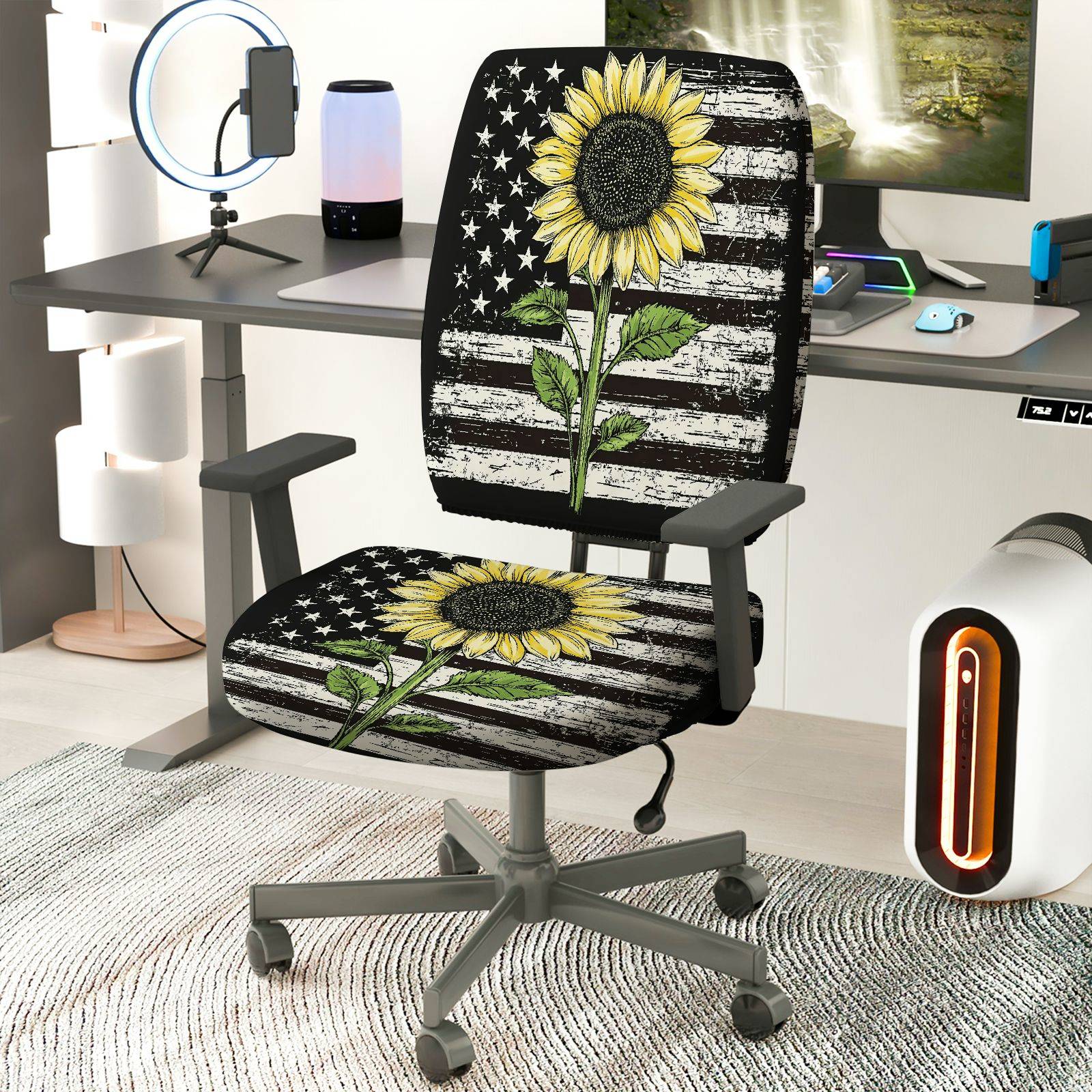 2-Piece Sunflower American Flag Vintage Elegant Stylish Vibrant  Computer Chair Cover Set, Seat and Backrest