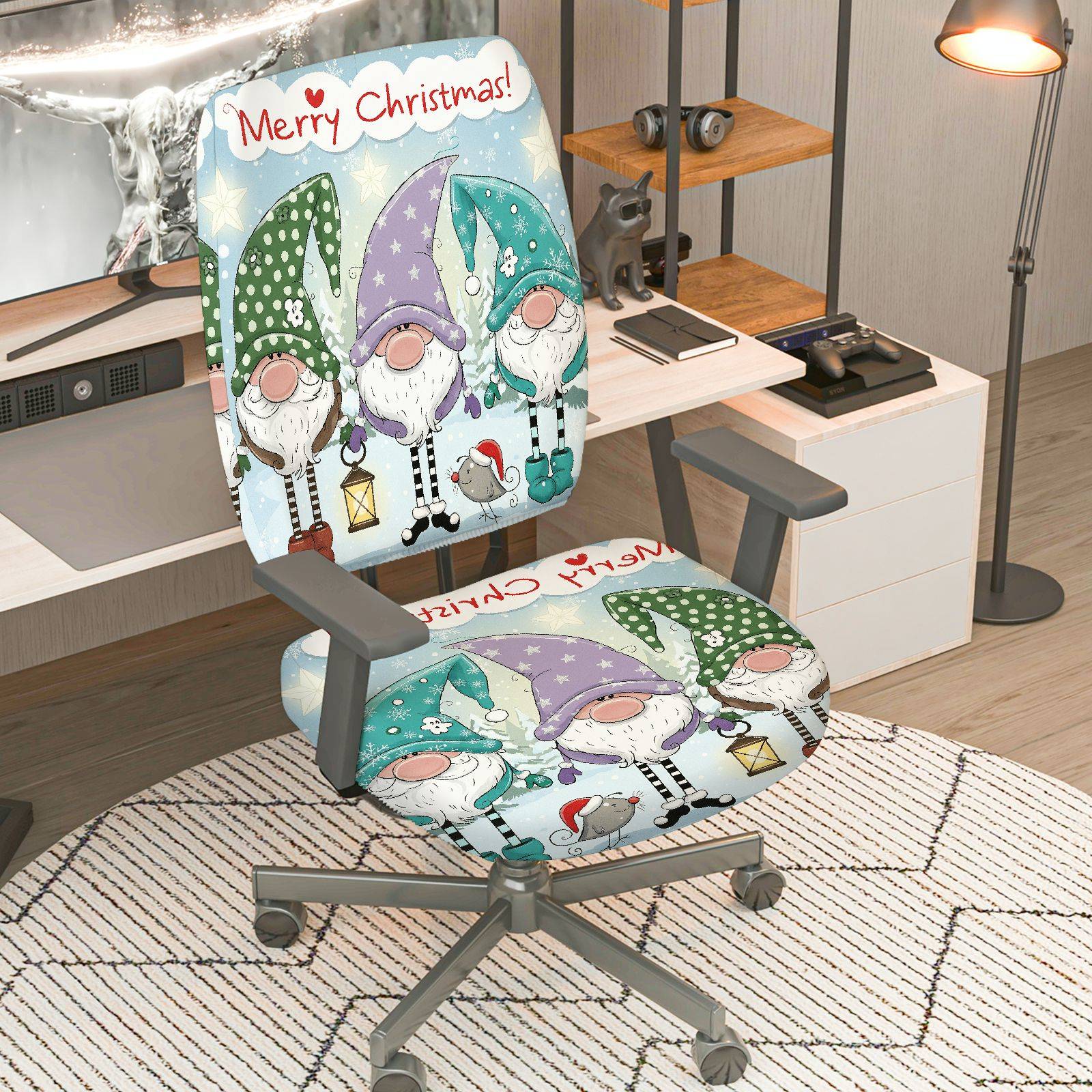 2-Piece Christmas Gnomes Snowflakes Santa Stars Lanterns  Computer Chair Cover Set, Seat and Backrest