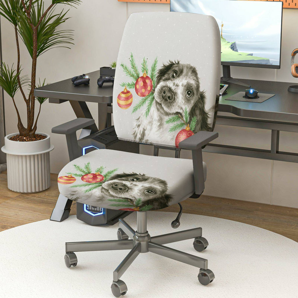 2-Piece Dog Christmas Holiday Festive Decorative  Computer Chair Cover Set, Seat and Backrest