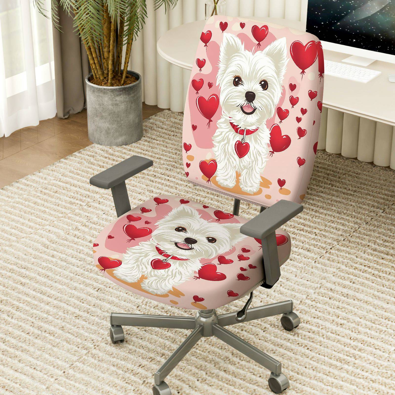 2-Piece Cute Valentine Dog Heart Love Romantic  Computer Chair Cover Set, Seat and Backrest