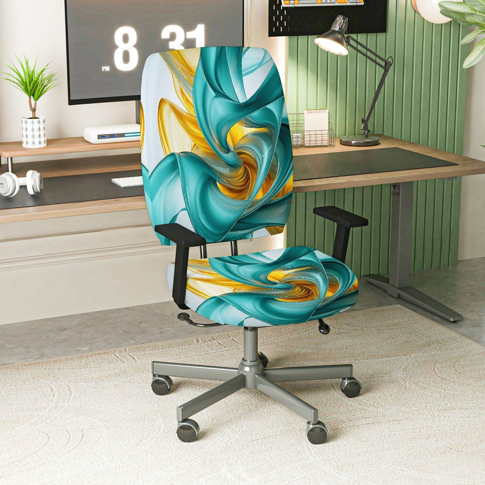 2-Piece Abstract Turquoise Golden Swirl Artistic Vibrant  Computer Chair Cover Set, Seat and Backrest