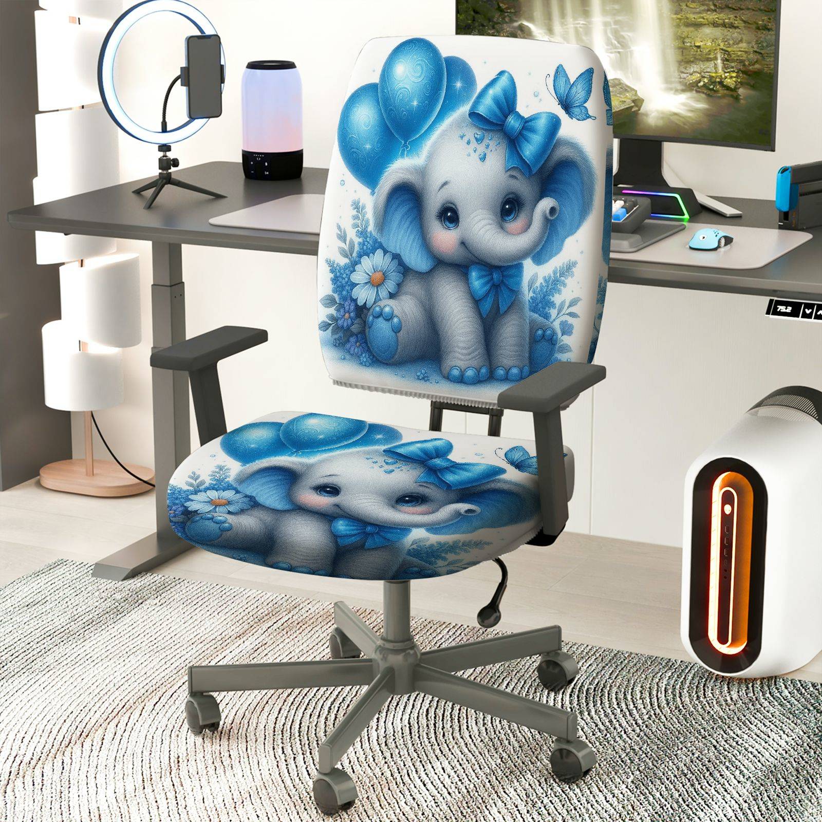 2-Piece Cute Elephant Blue Flowers Butterfly Balloons  Computer Chair Cover Set, Seat and Backrest