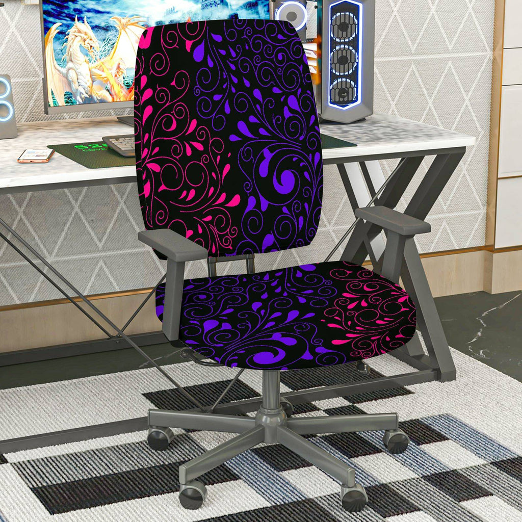 2-Piece Abstract Floral Swirl Pattern Black Purple Pink  Computer Chair Cover Set, Seat and Backrest