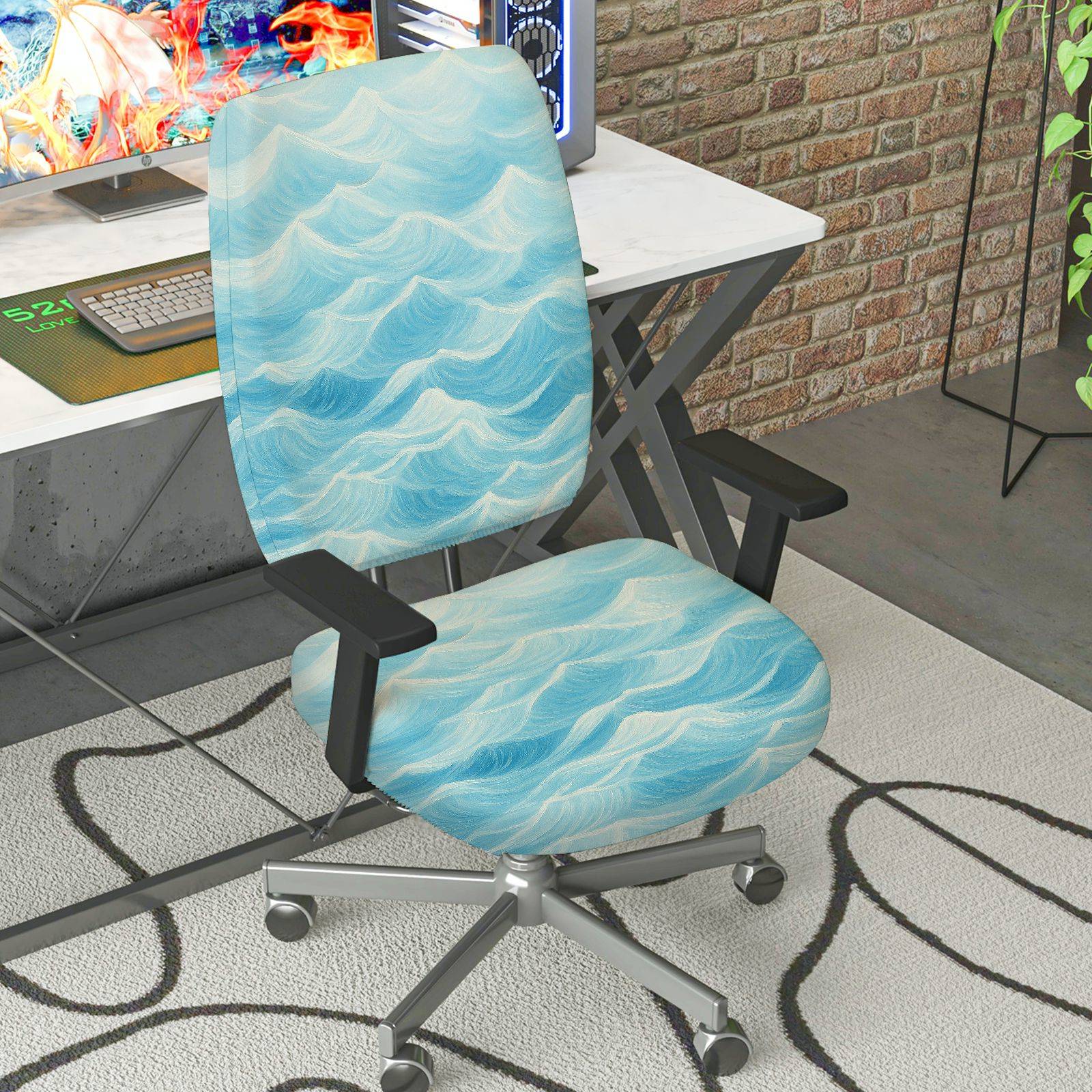 2-Piece Abstract Ocean Wave Blue Pattern  Computer Chair Cover Set, Seat and Backrest