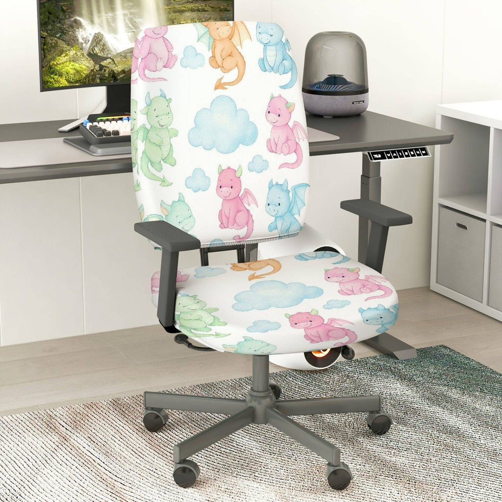2-Piece Cute Dragon Cloud Colorful  Computer Chair Cover Set, Seat and Backrest