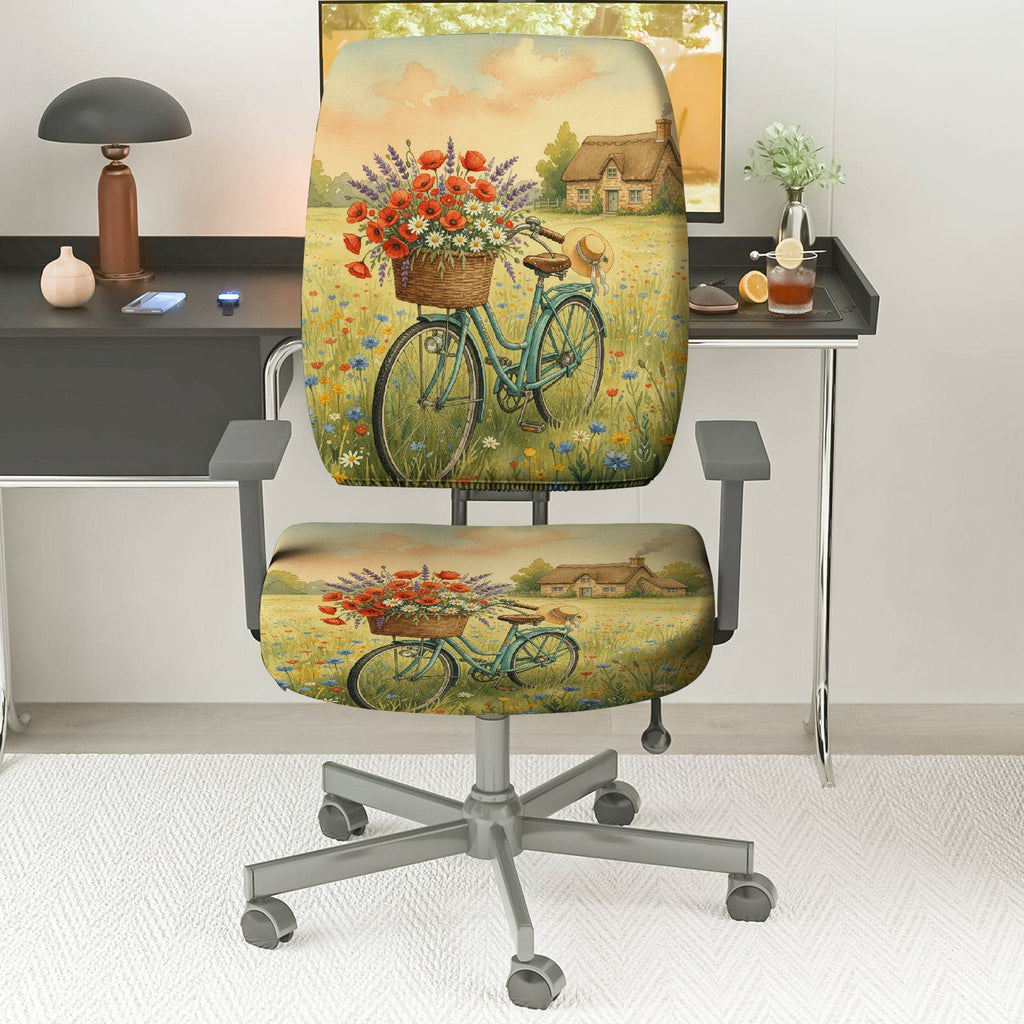 2-Piece Vintage Bicycle Flowers Landscape Country House  Computer Chair Cover Set, Seat and Backrest