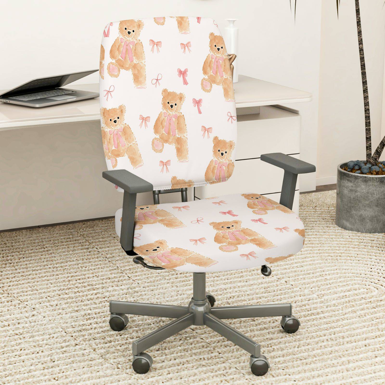 2-Piece Adorable Teddy Bear Pink Ribbon Sweet Cute Fun  Computer Chair Cover Set, Seat and Backrest