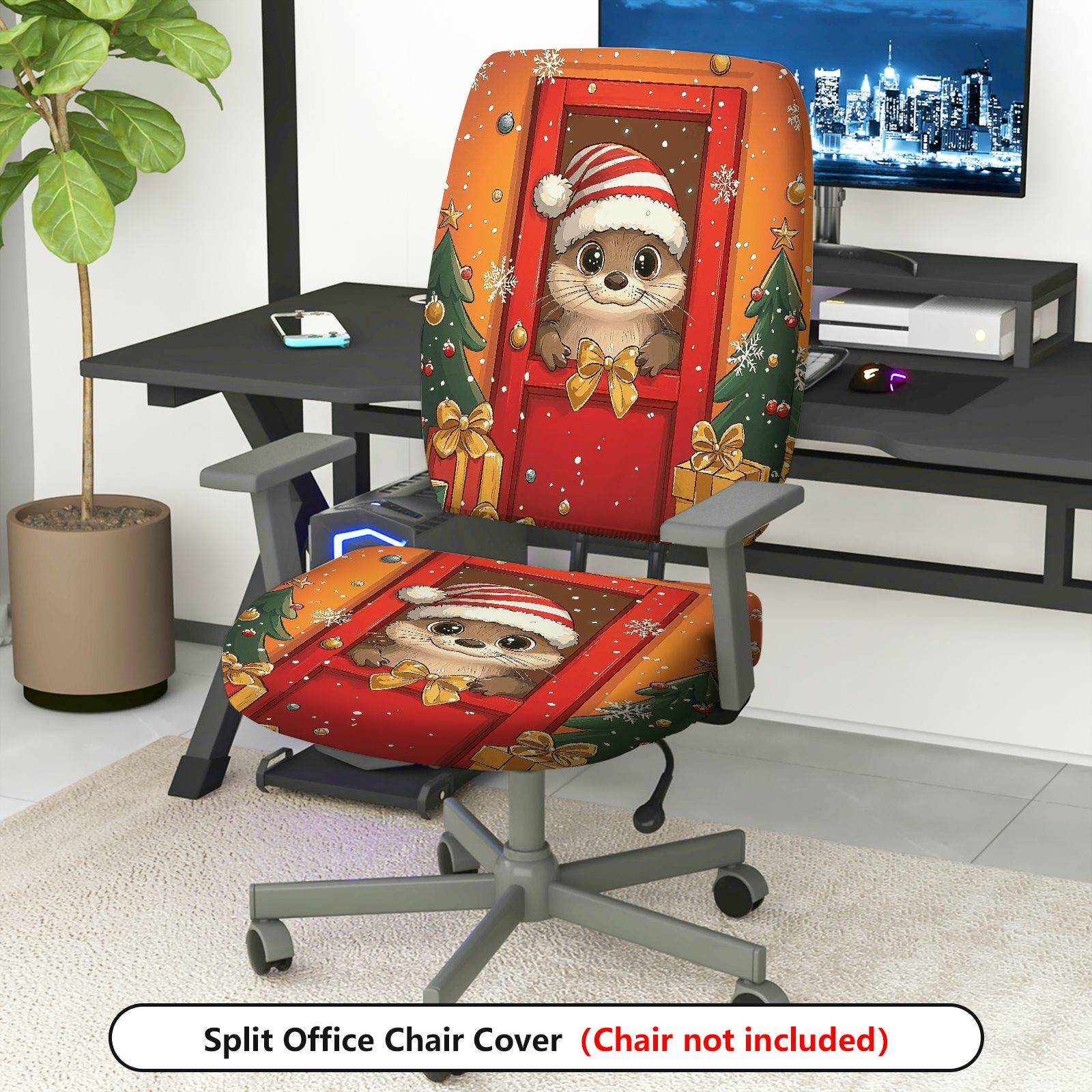 2-Piece Christmas festival home decor snowflake Santa front door  Computer Chair Cover Set, Seat and Backrest