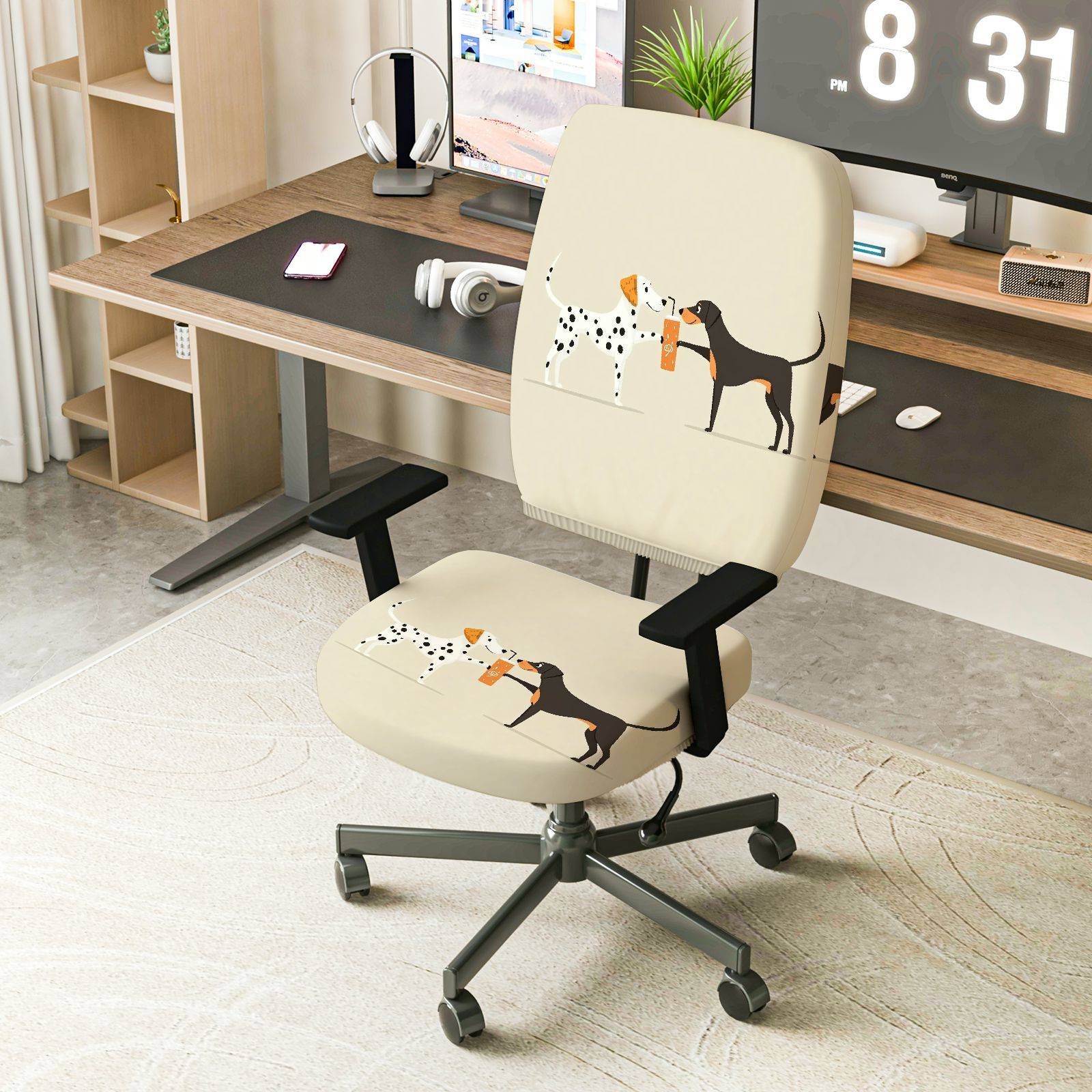 2-Piece Dog Pattern Animal  Computer Chair Cover Set, Seat and Backrest