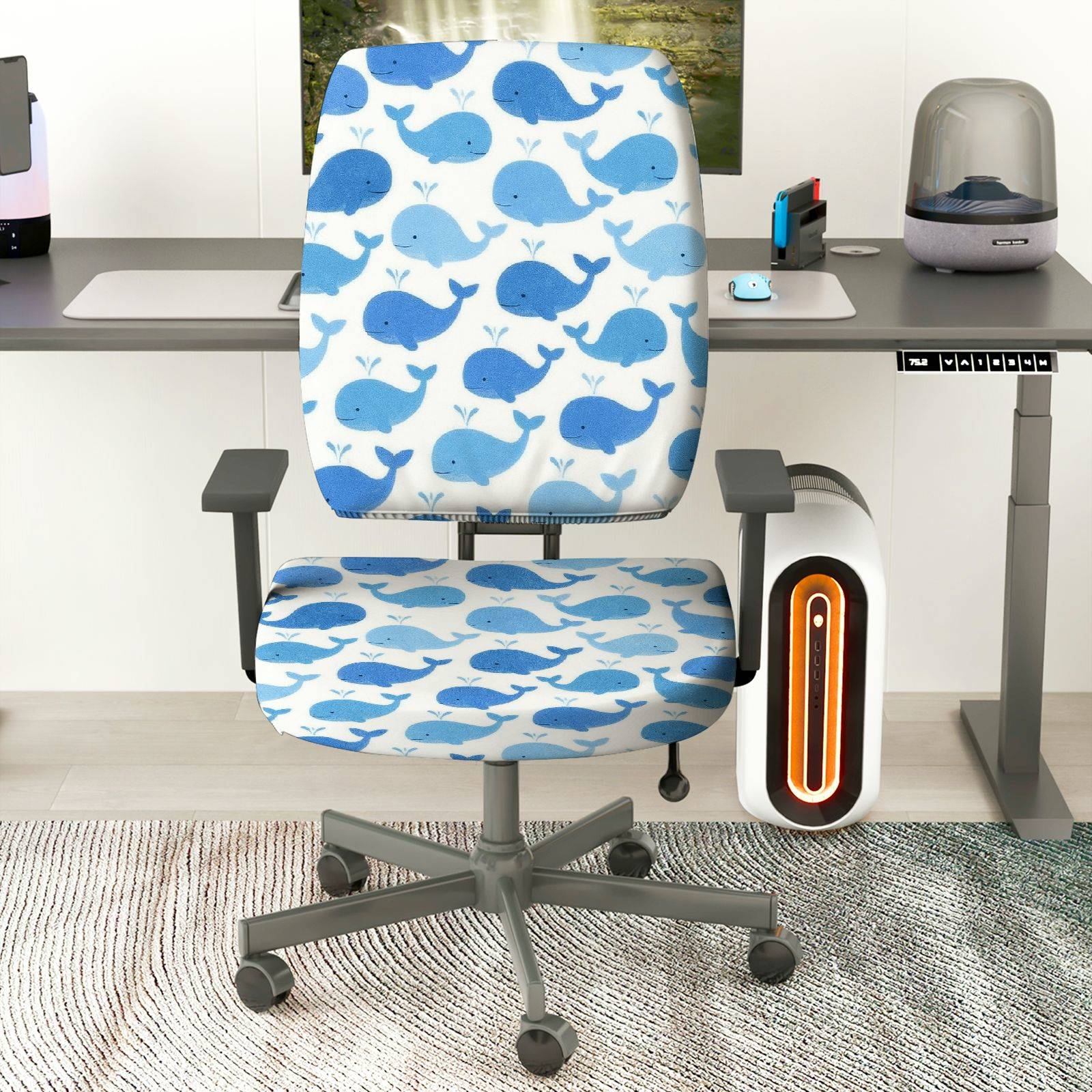 2-Piece Whale Pattern Blue White Fun Cute  Computer Chair Cover Set, Seat and Backrest