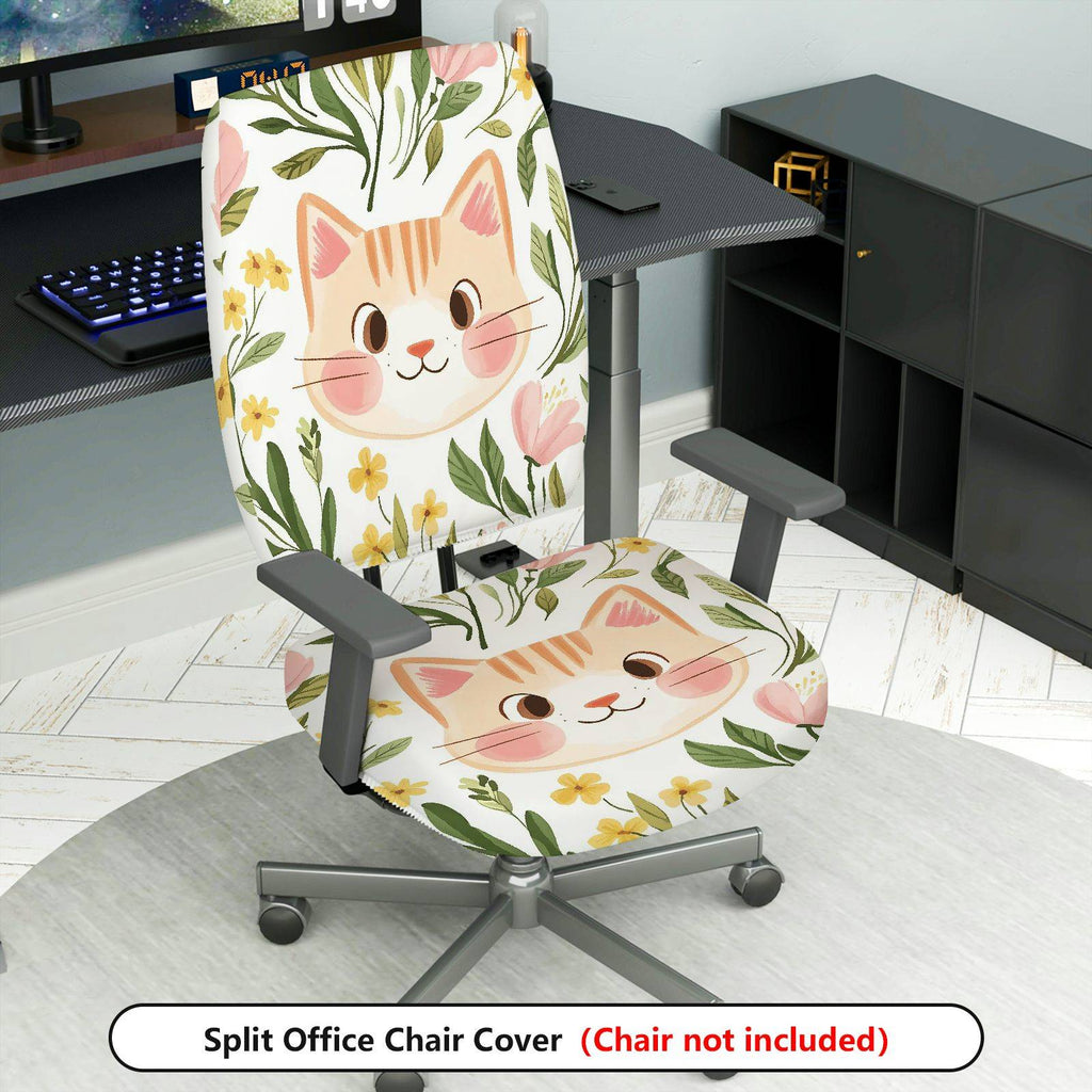 2-Piece Cat Floral Green Yellow  Computer Chair Cover Set, Seat and Backrest