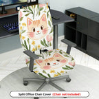 2-Piece Cat Floral Green Yellow  Computer Chair Cover Set, Seat and Backrest