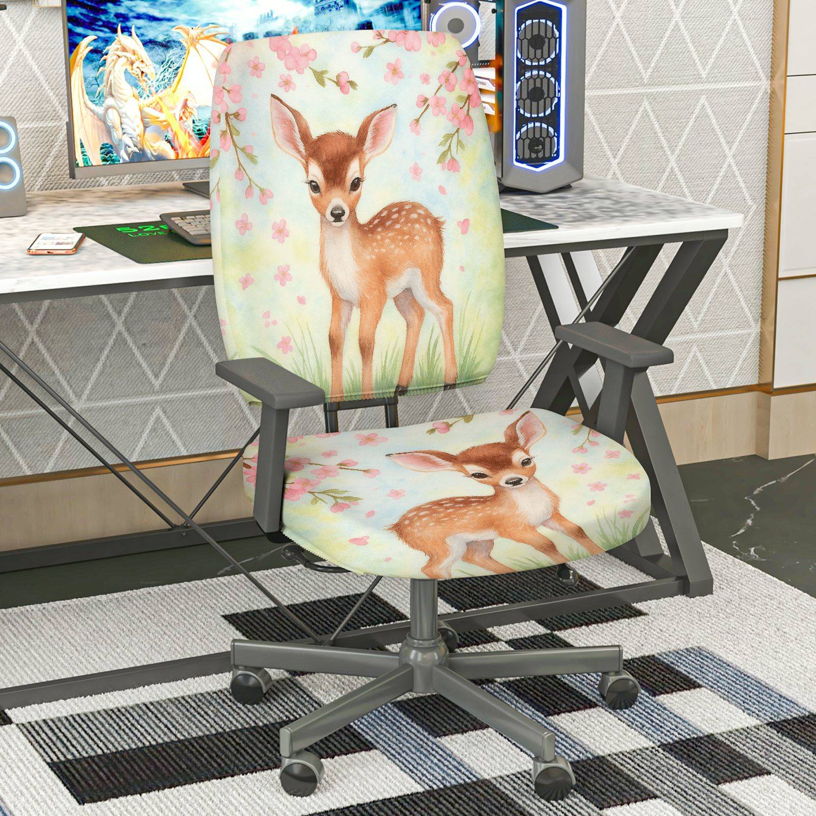2-Piece Cute Deer Nature Floral Pastoral Spring  Computer Chair Cover Set, Seat and Backrest