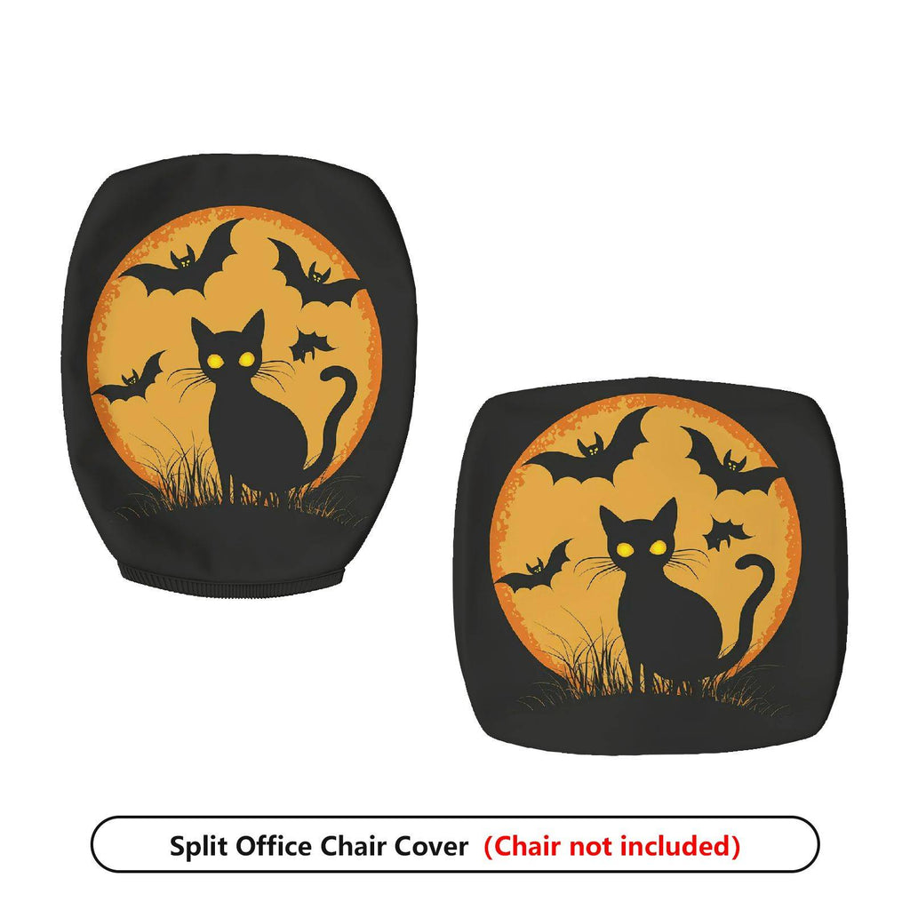 2-Piece Halloween Black Cat Bat Moon Orange  Computer Chair Cover Set, Seat and Backrest