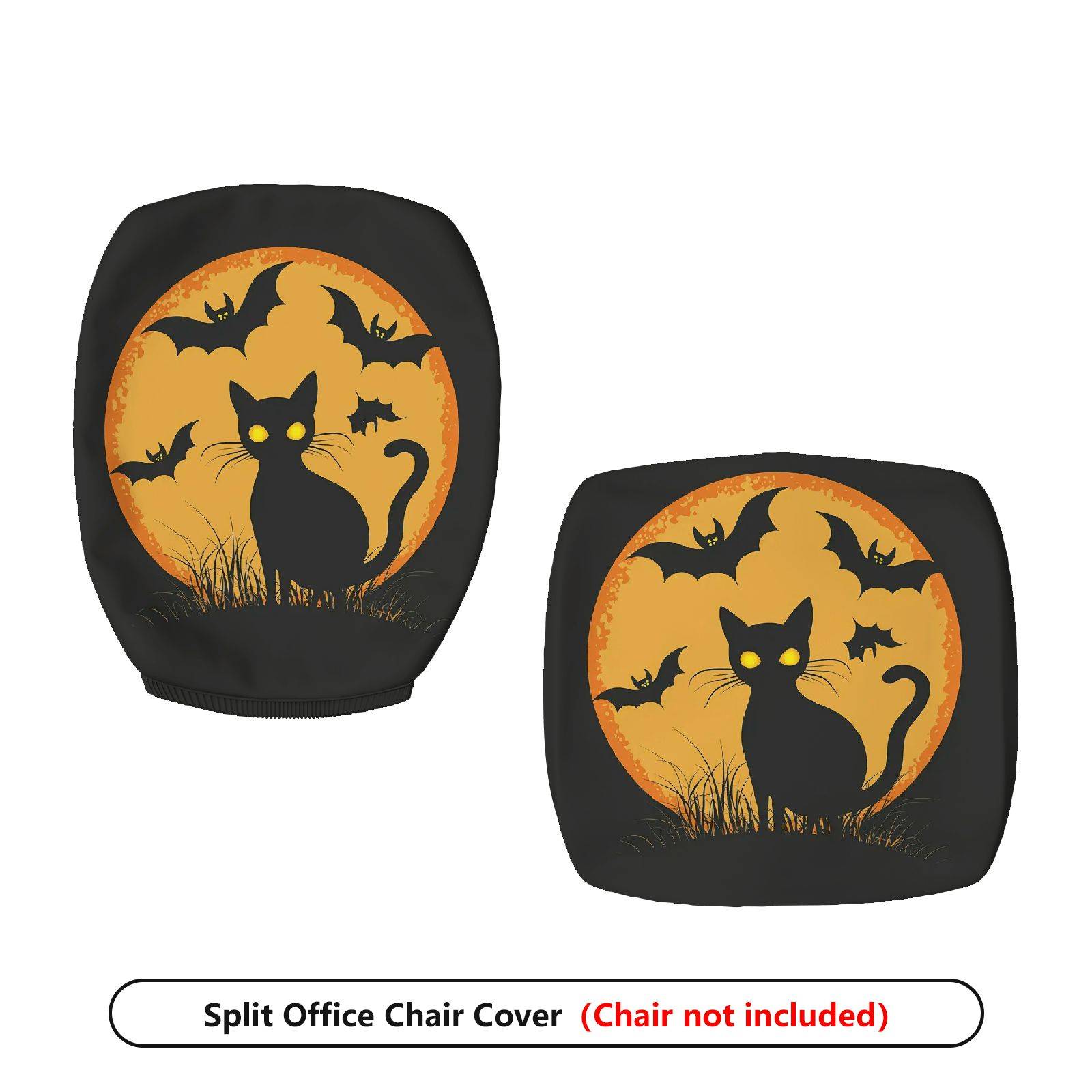 2-Piece Halloween Black Cat Bat Moon Orange  Computer Chair Cover Set, Seat and Backrest