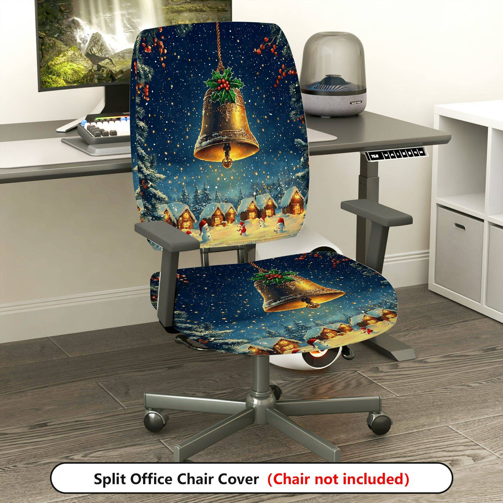 2-Piece Christmas Bell Winter Snow Holiday Decorative  Computer Chair Cover Set, Seat and Backrest