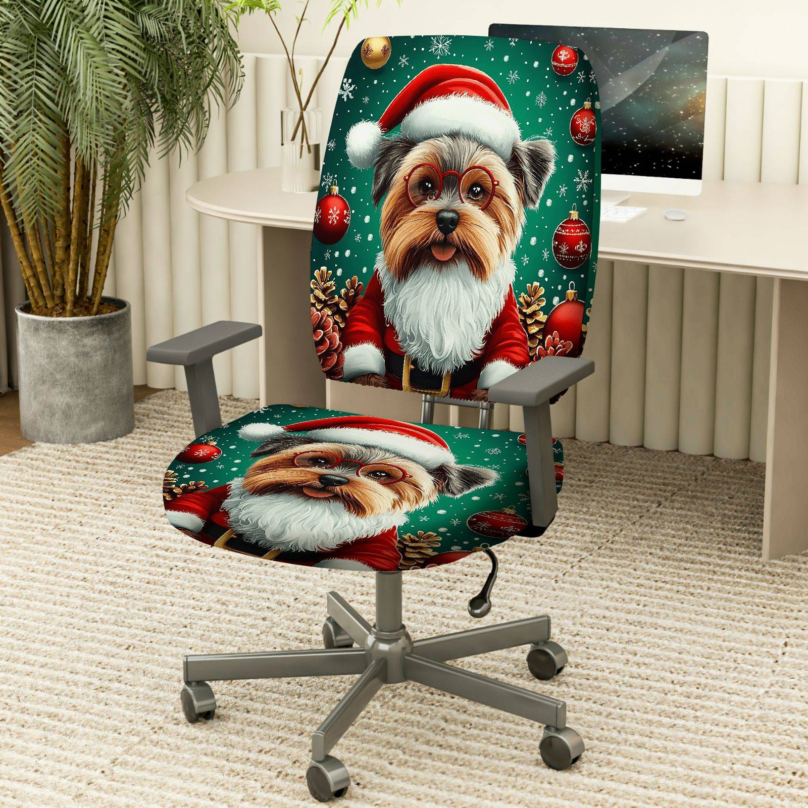 2-Piece Christmas Dog Santa Hat Pinecone Snowflakes  Computer Chair Cover Set, Seat and Backrest