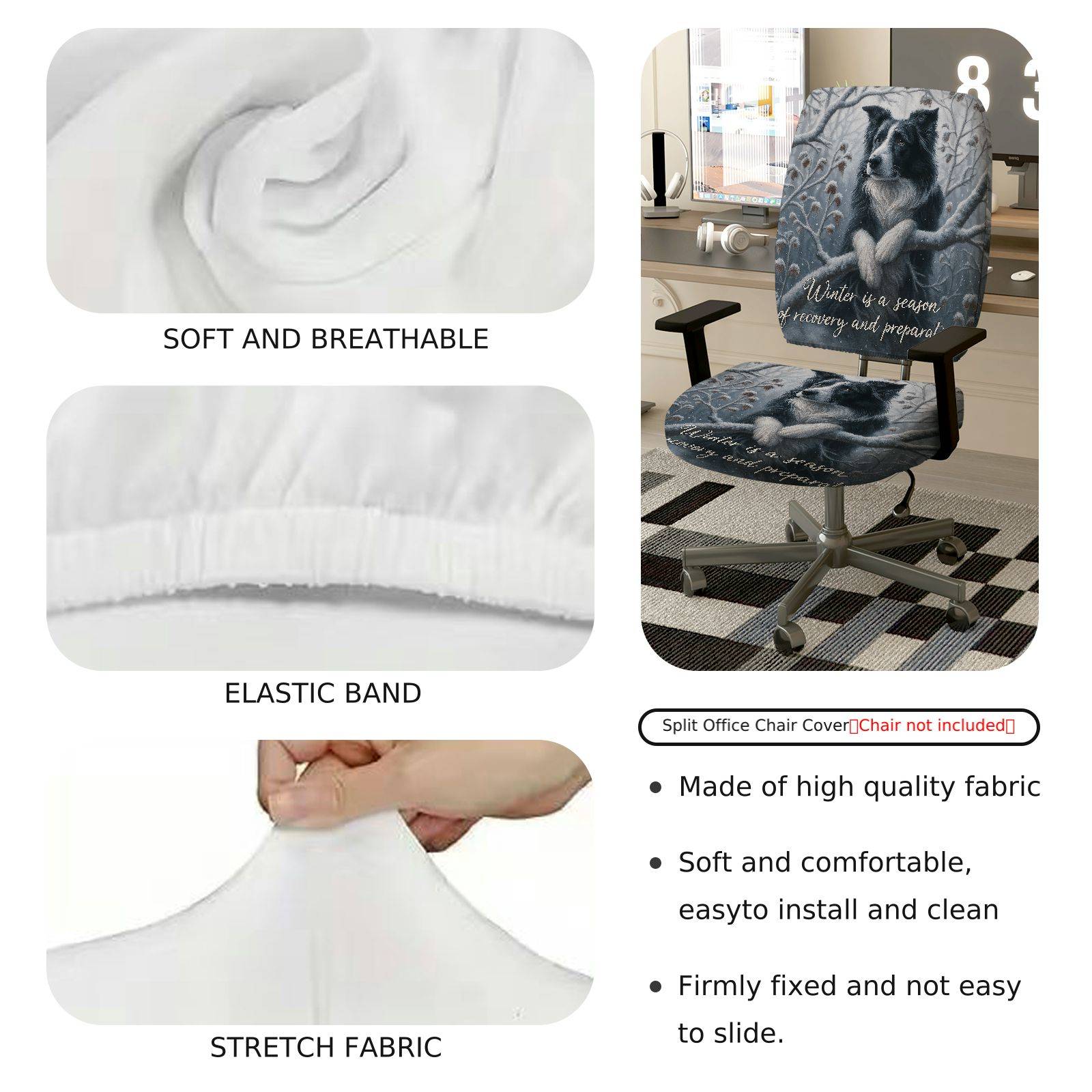 2-Piece Winter Dog Forest Inspirational Quote Holiday  Computer Chair Cover Set, Seat and Backrest